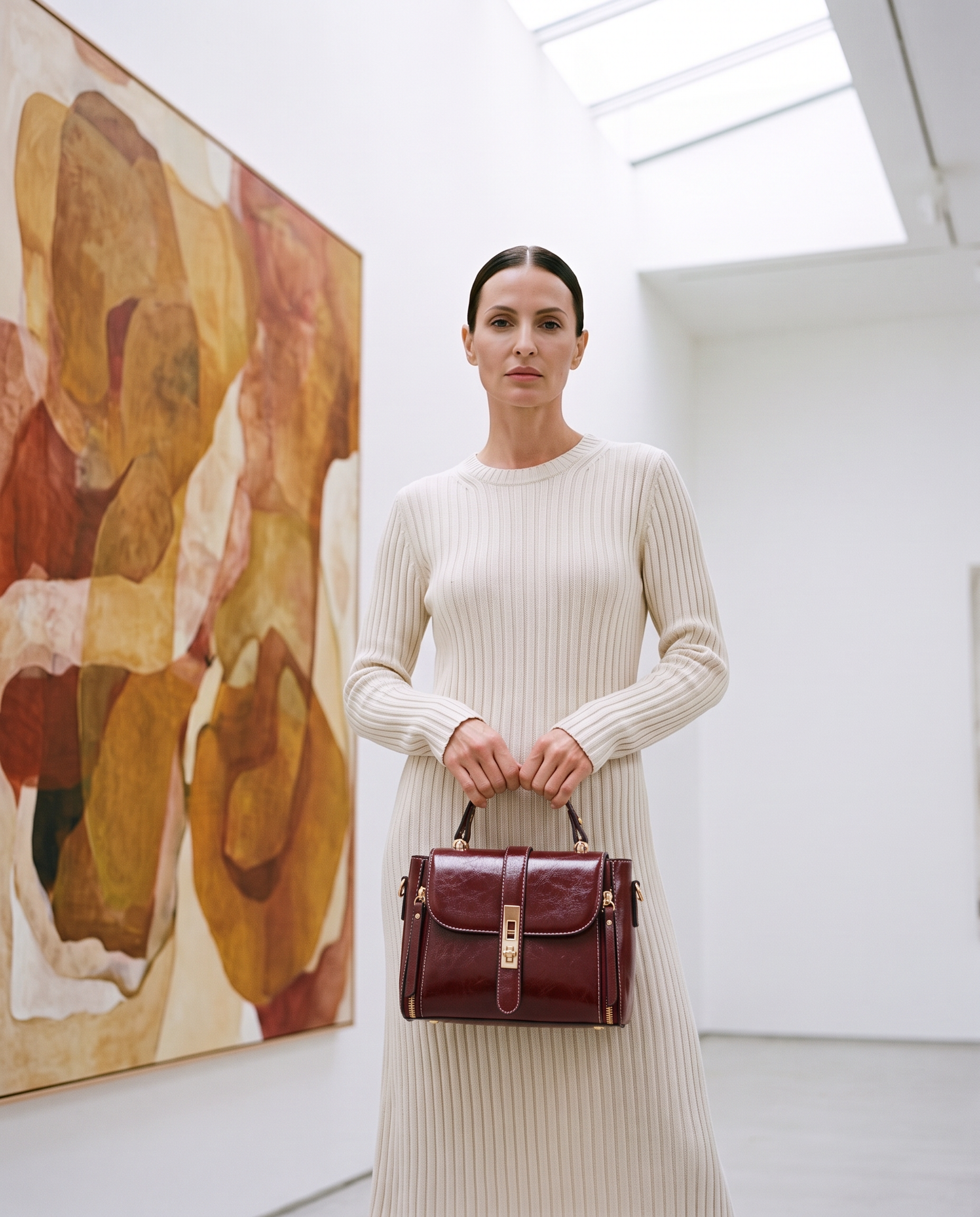 Sac CAMILA rouge bordeaux, porté dans une galerie d'art