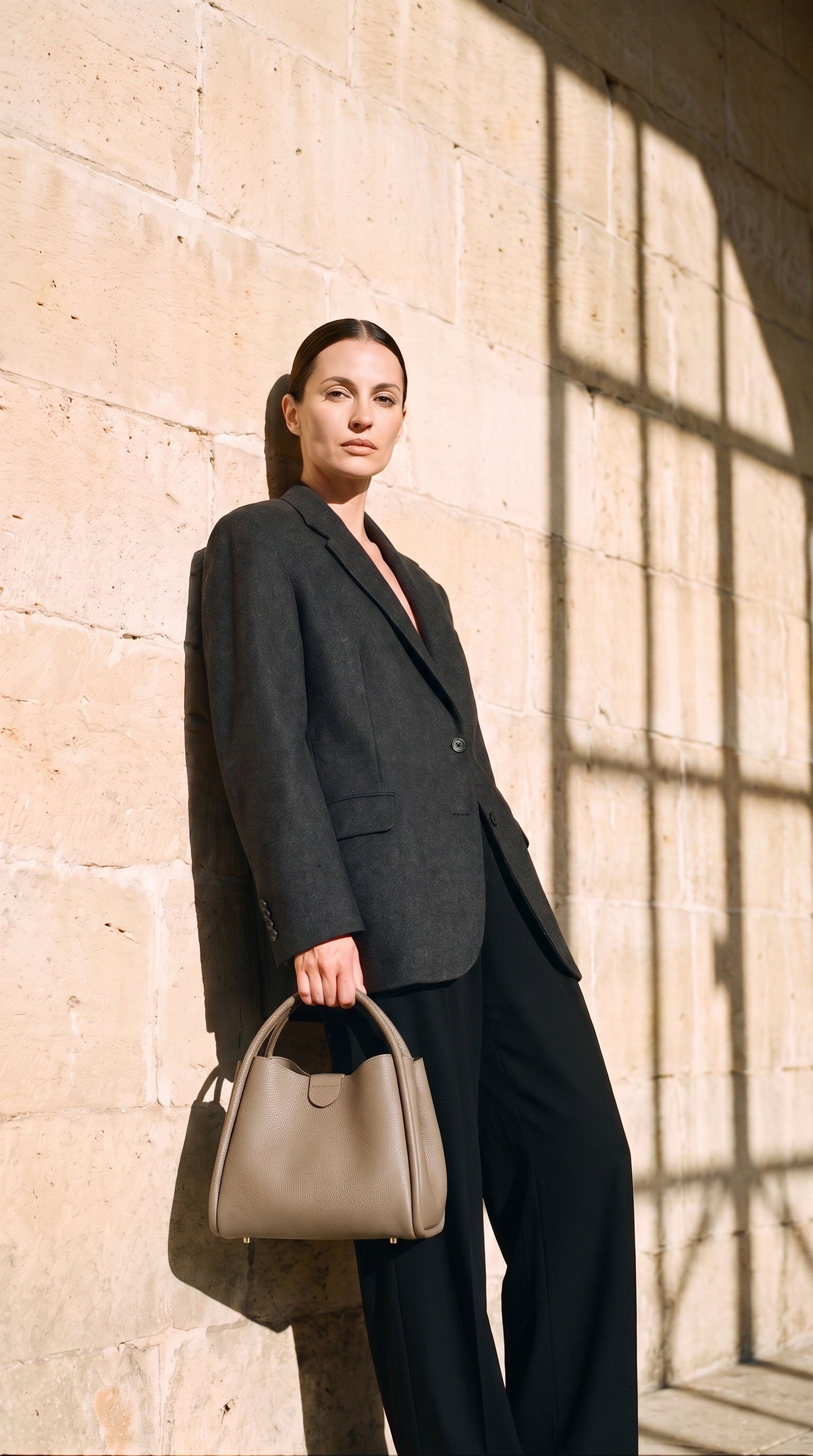 Sac CLARA porté par le mannequin devant un mur de pierre