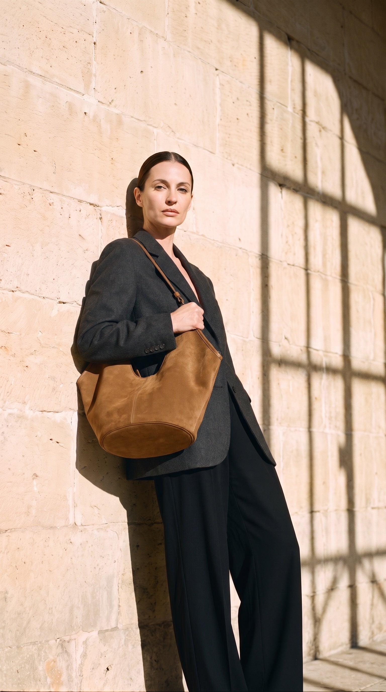 Sac ELISE porté par le mannequin devant un mur de pierre