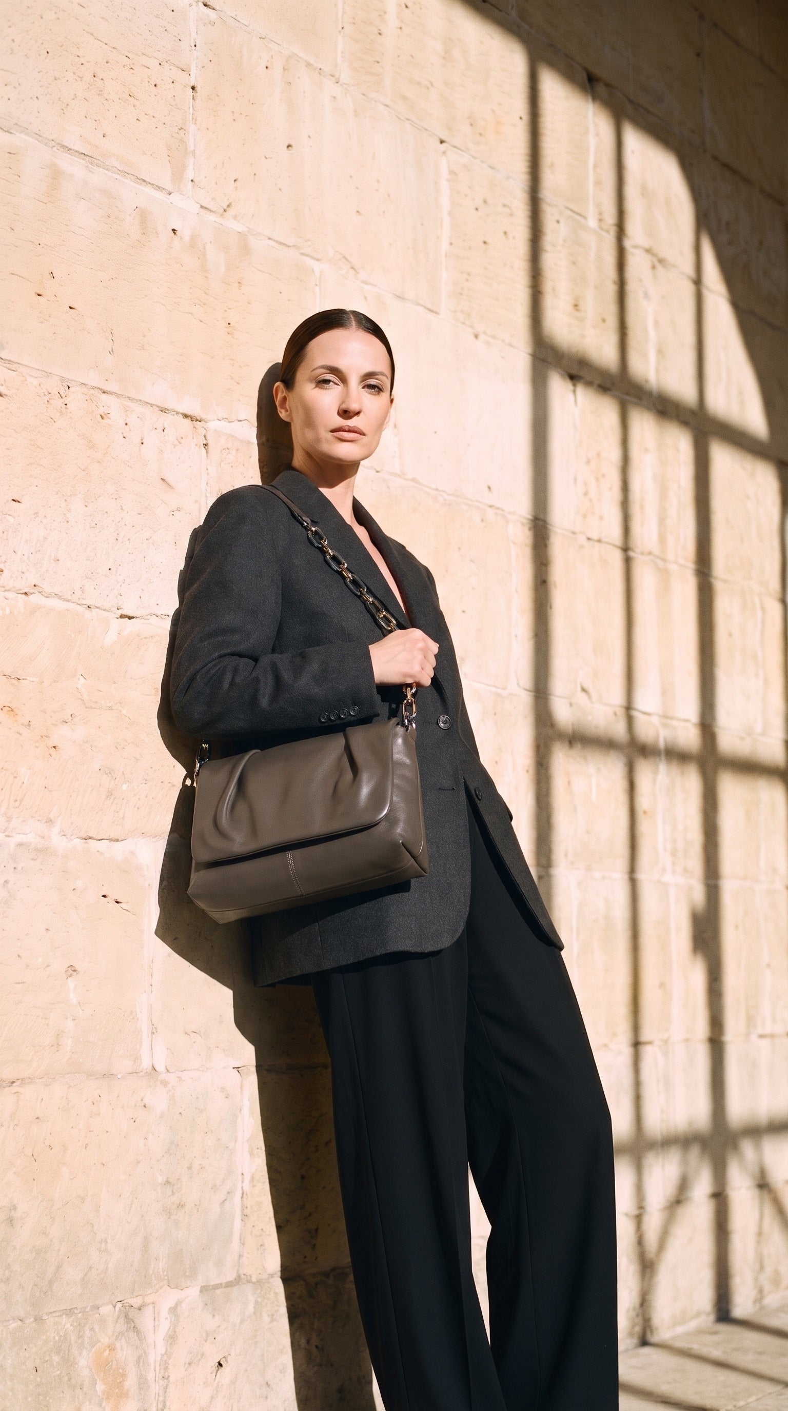 Sac EMY porté par le mannequin devant un mur de pierre