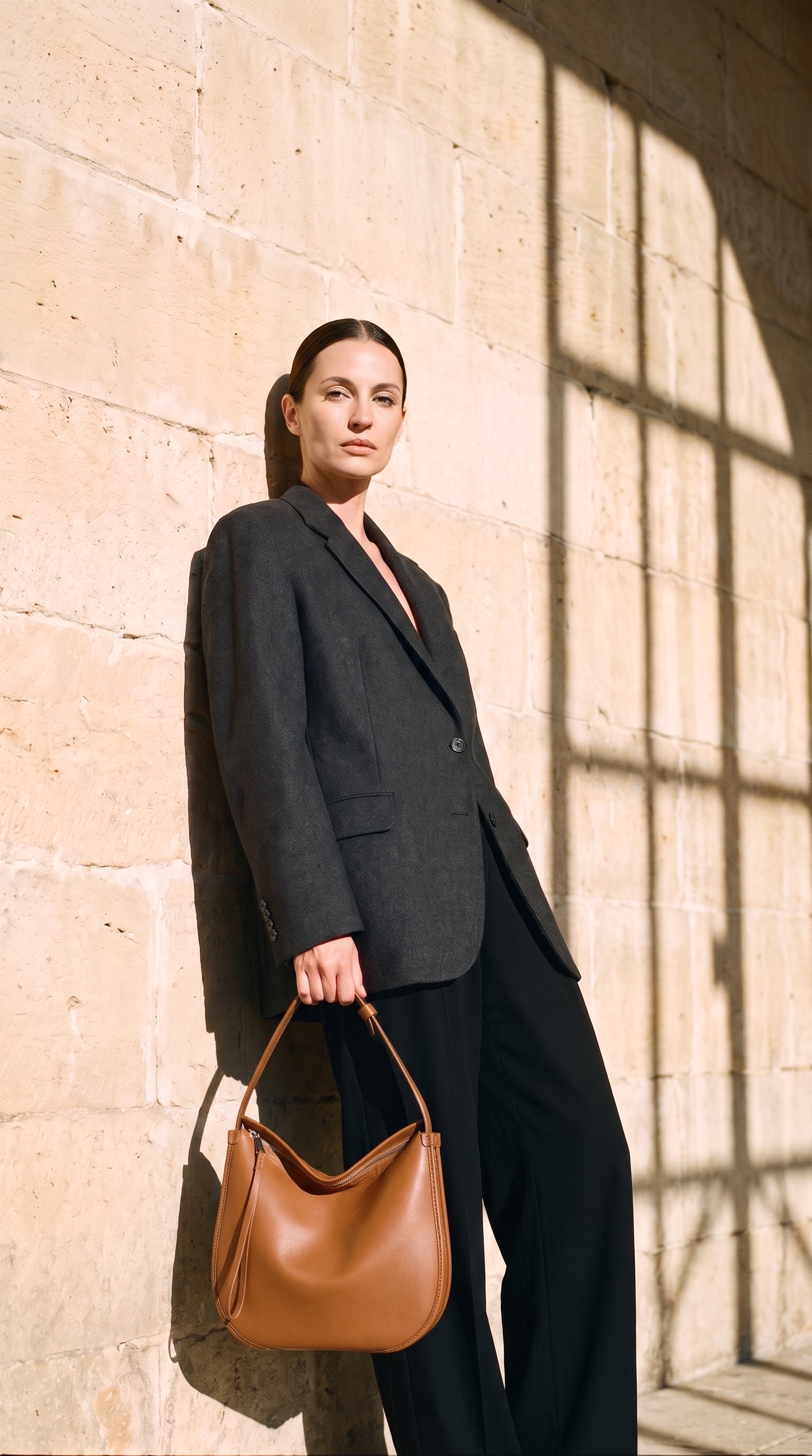 Sac JANY porté par le mannequin devant un mur de pierre