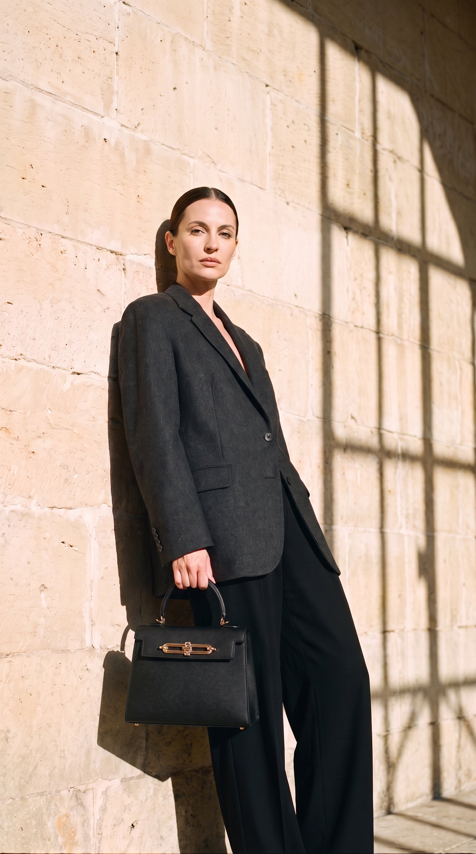Sac LANA porté par le mannequin devant un mur de pierre