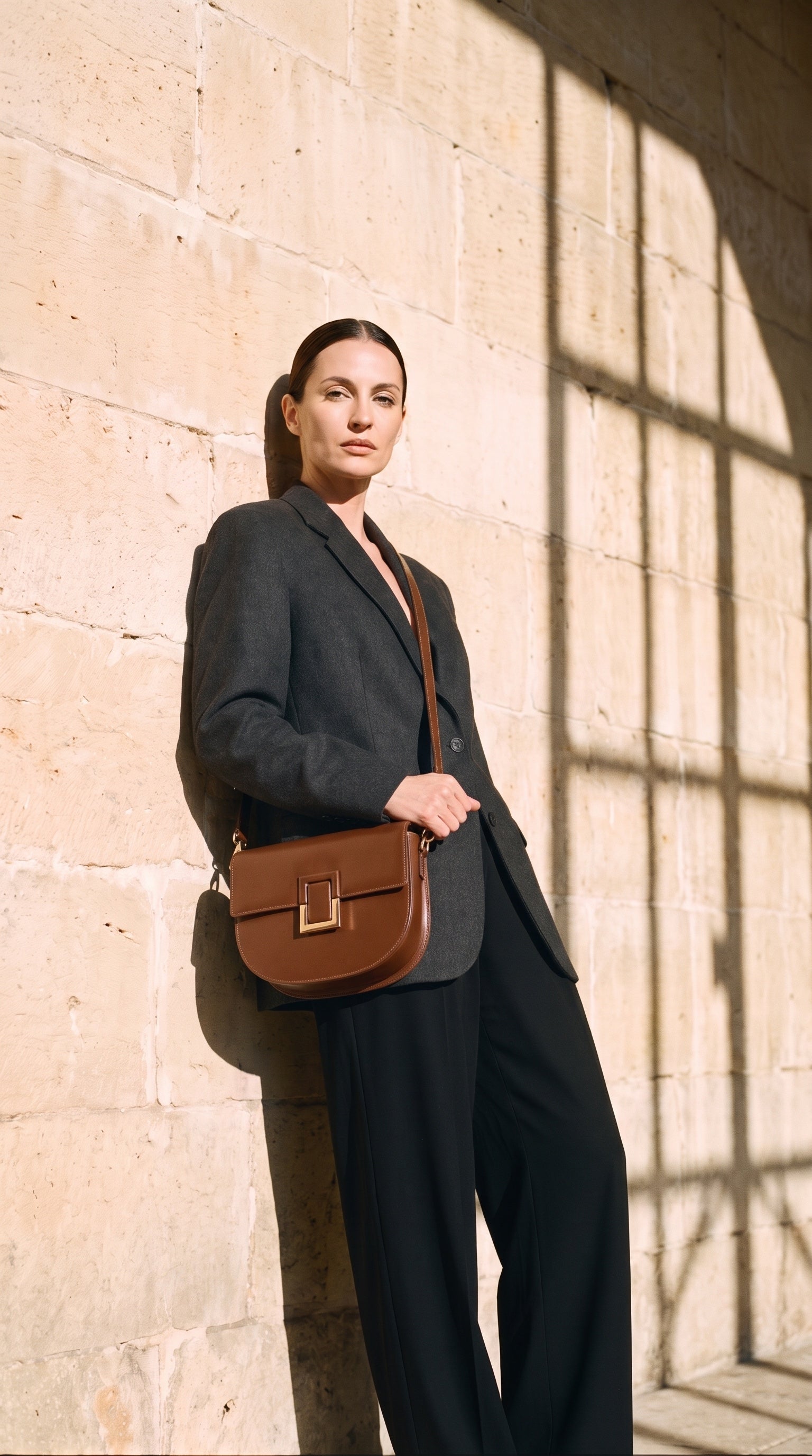 Sac LARA porté par le mannequin devant un mur de pierre