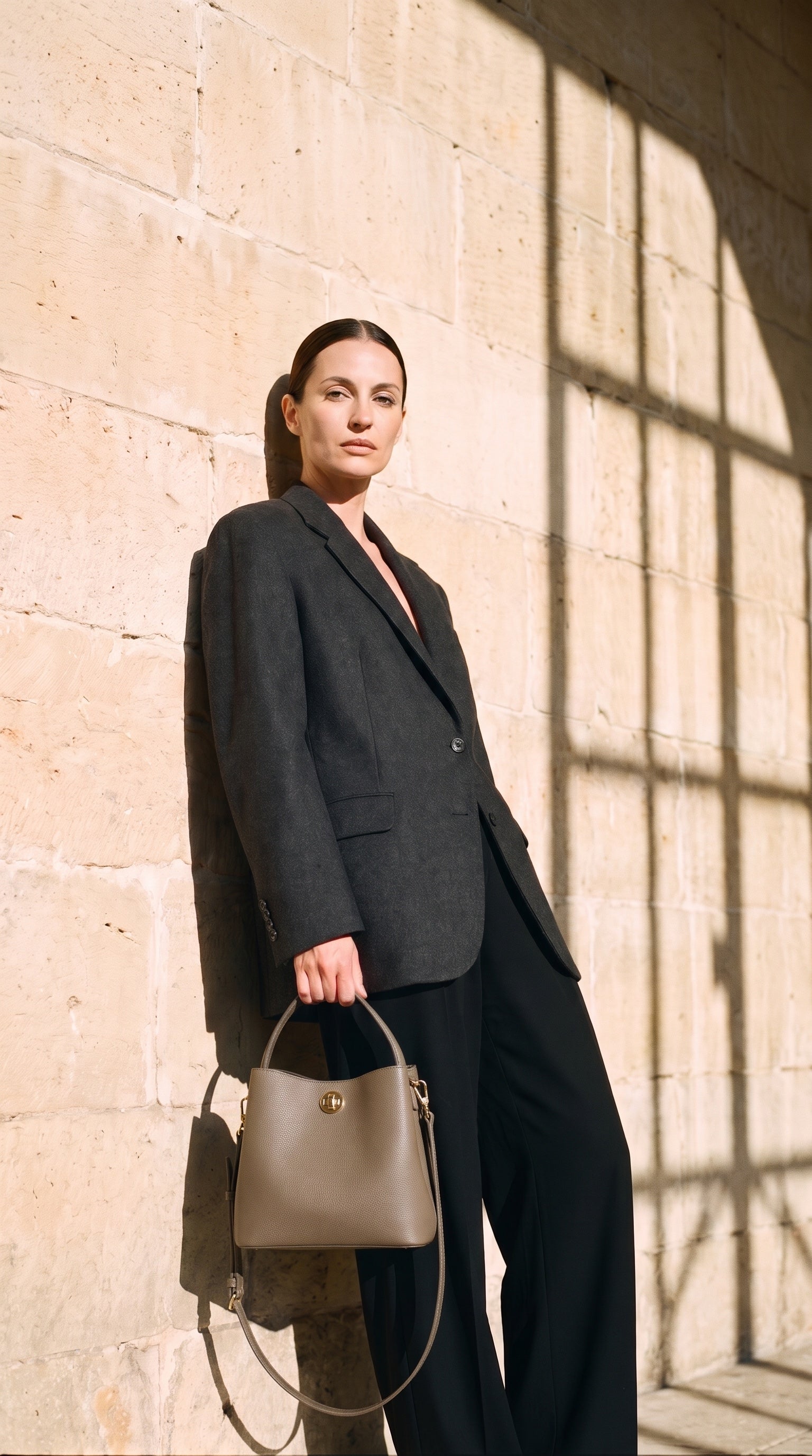 Sac LOON porté par le mannequin devant un mur de pierre