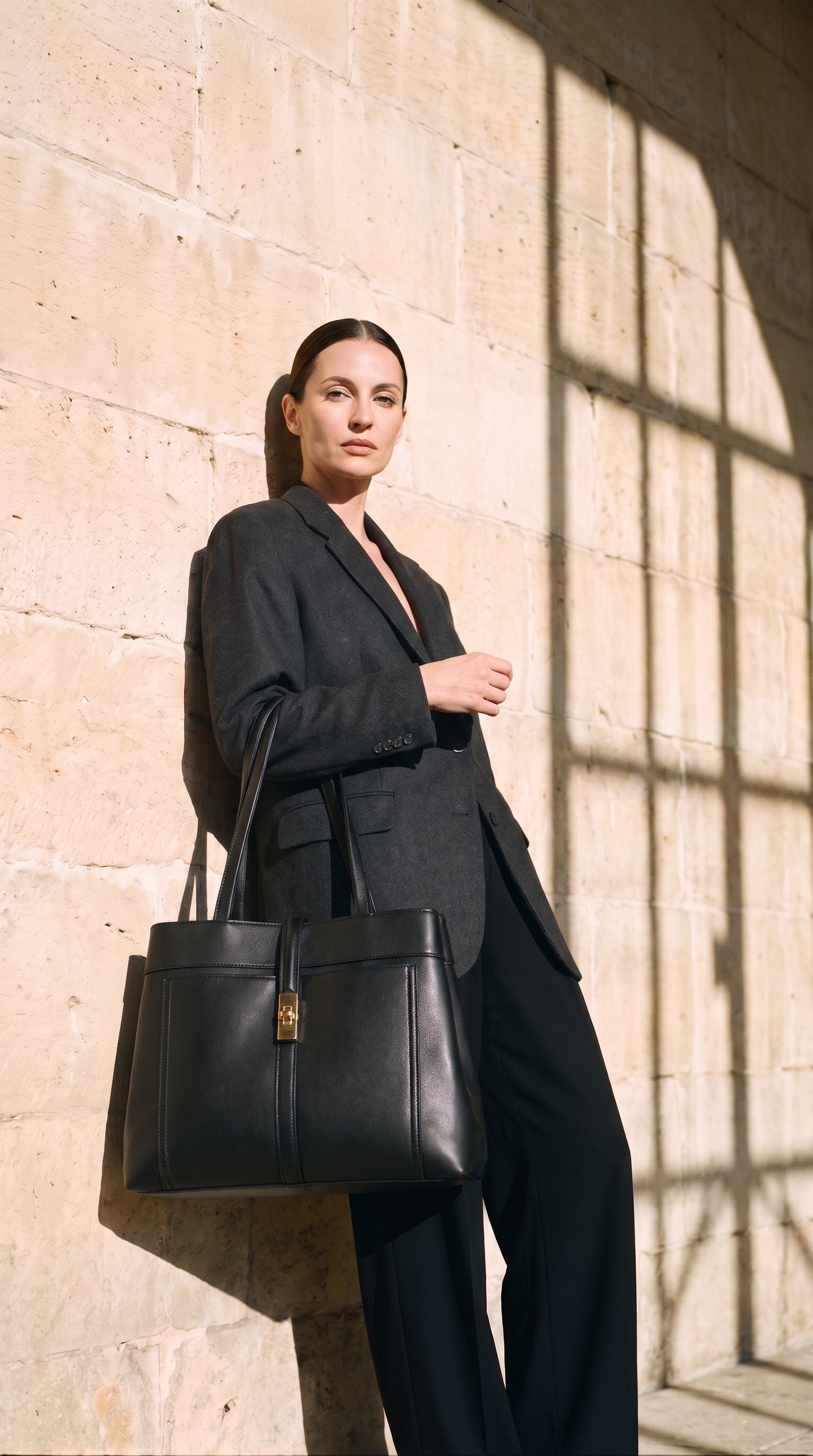 Sac LOU porté par le mannequin devant un mur de pierre