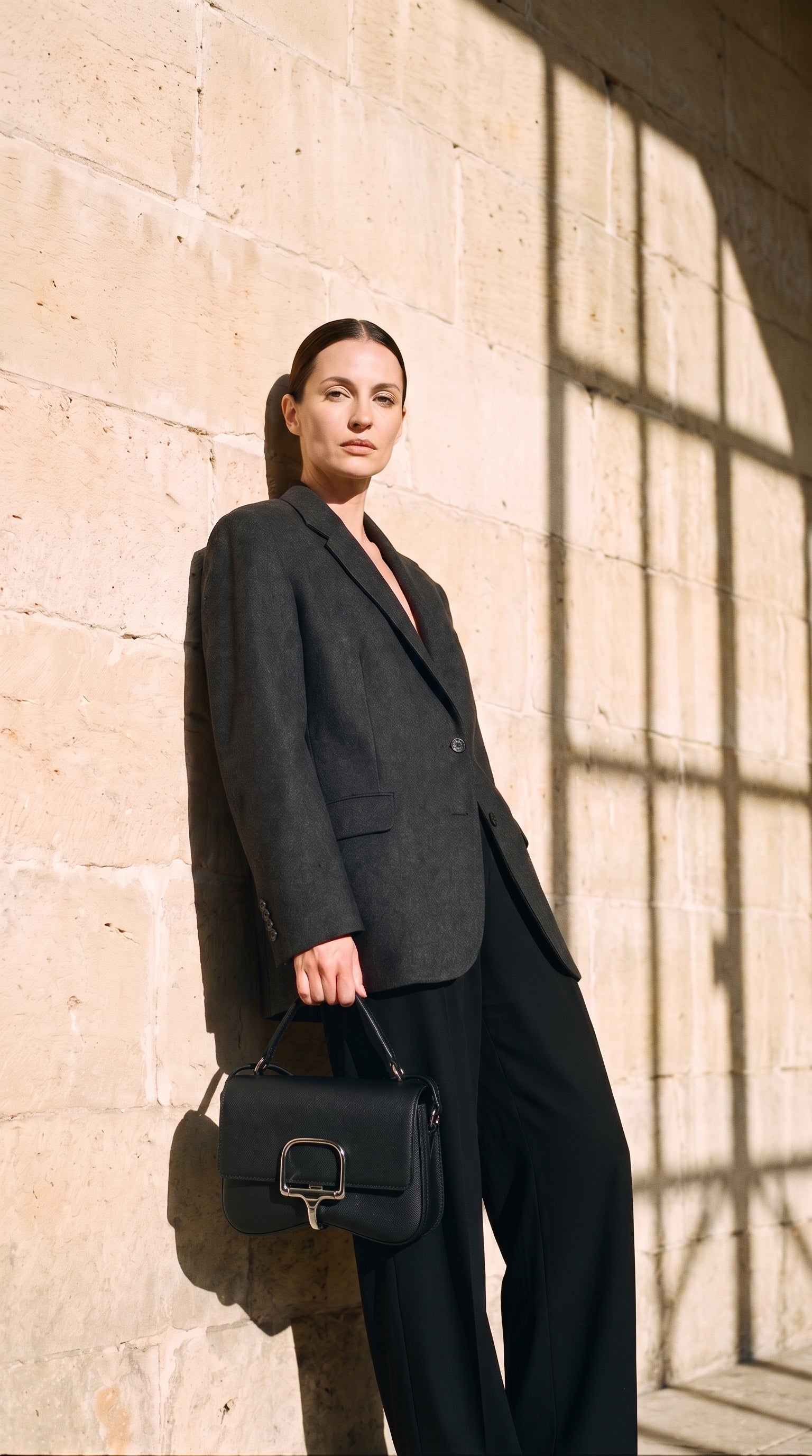 Sac LUMIA porté par le mannequin devant un mur de pierre