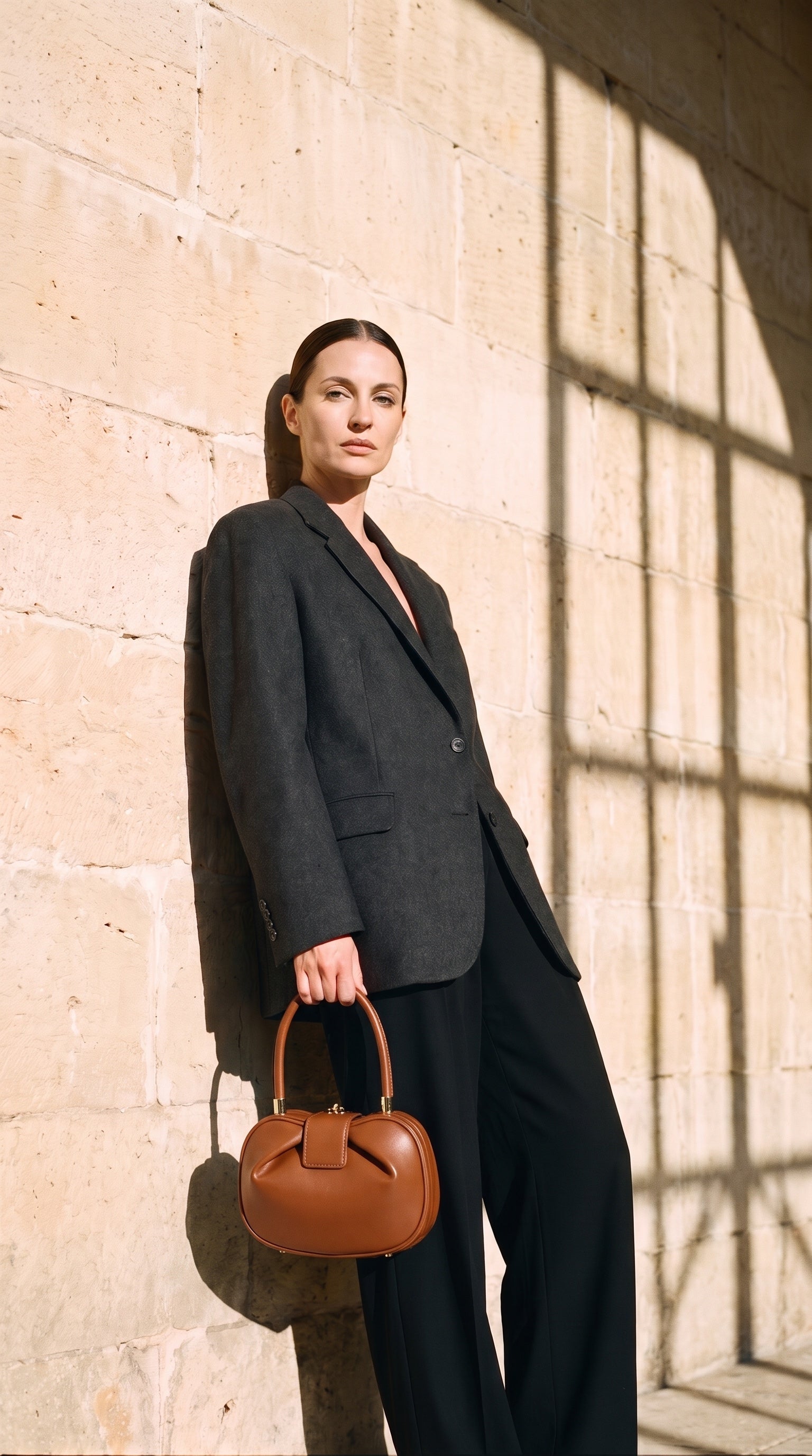 Sac MILAN-SPRING porté par le mannequin devant un mur de pierre