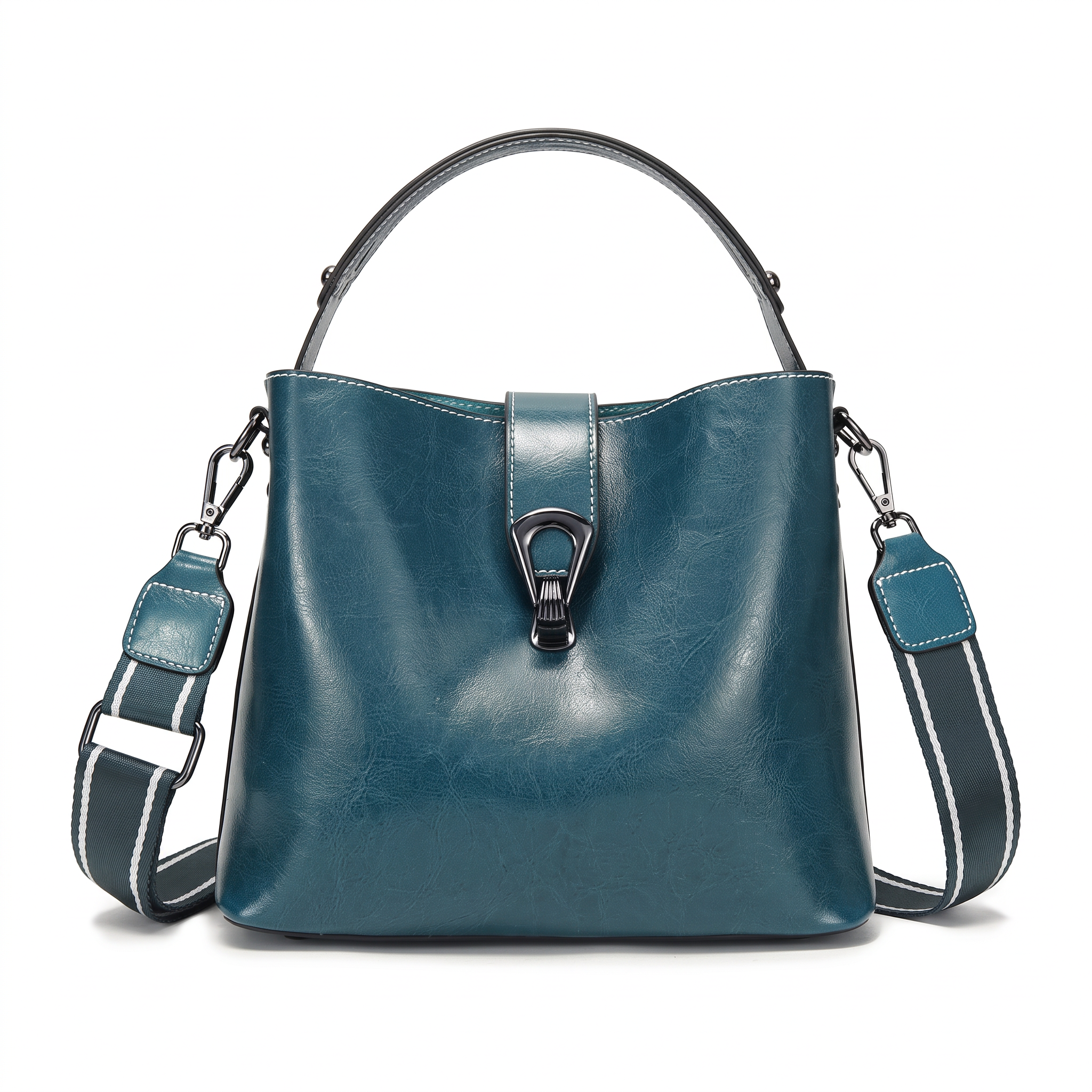 Sac PAULINE bleu paon en cuir, vue de face
