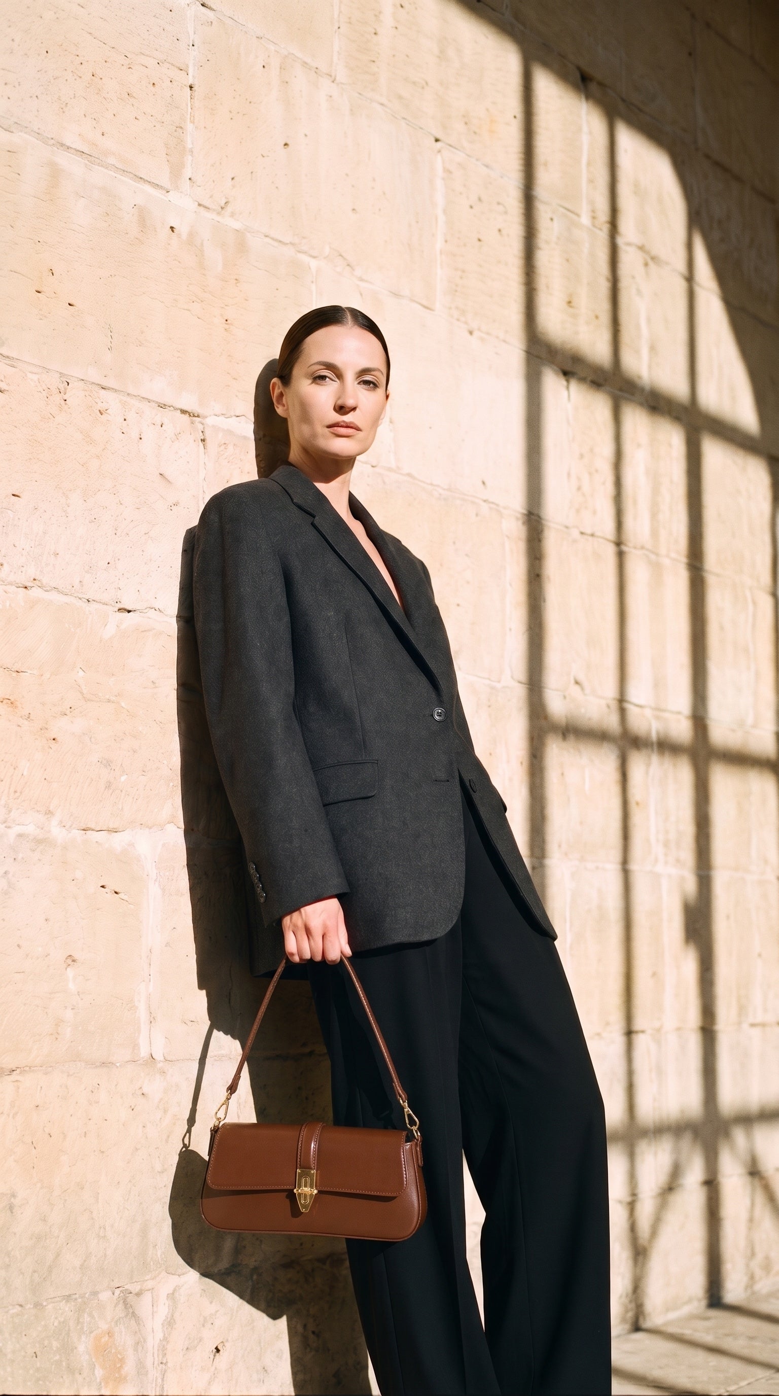 Sac RITA porté par le mannequin devant un mur de pierre