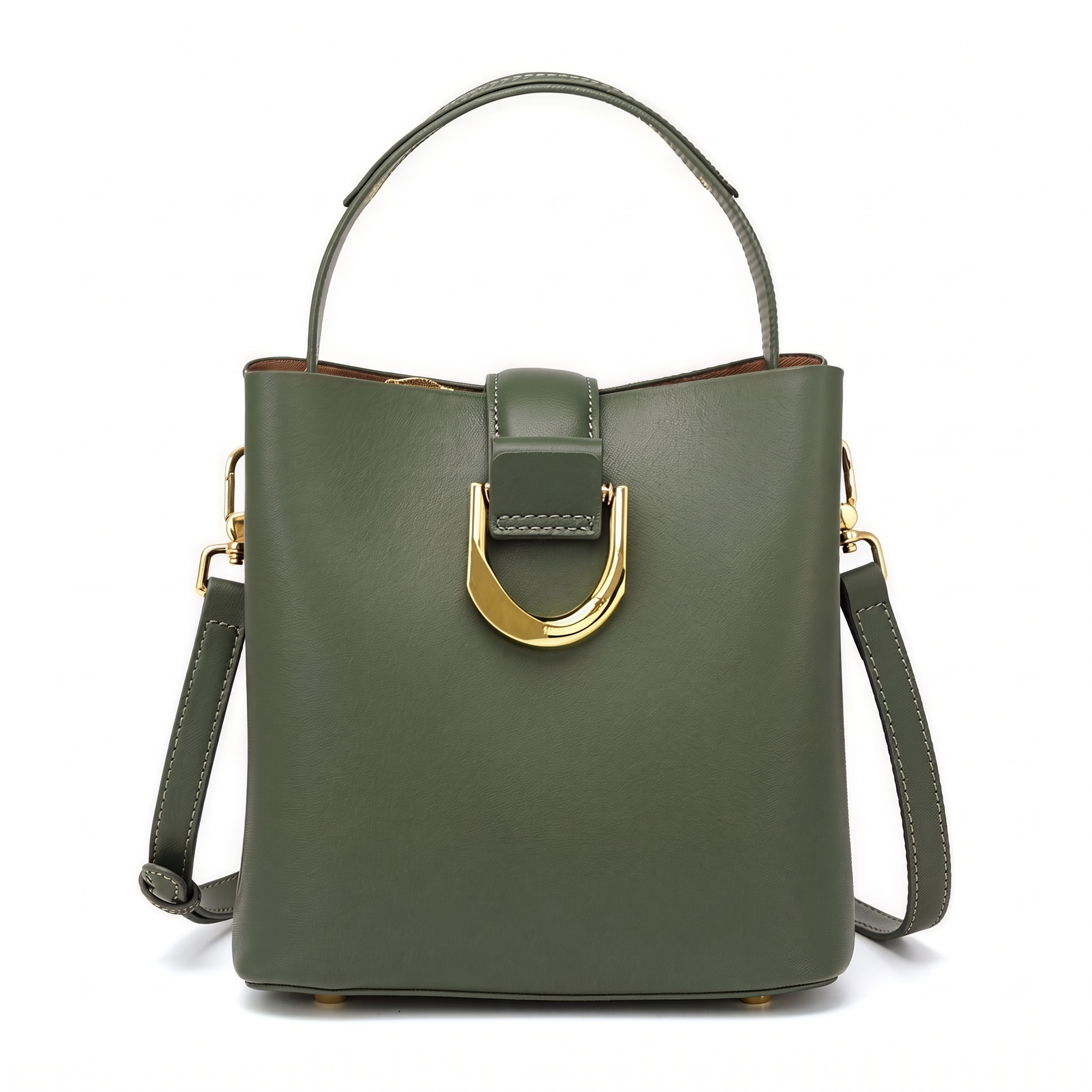 Sac VICTOIRE vert olive en cuir, vue de face
