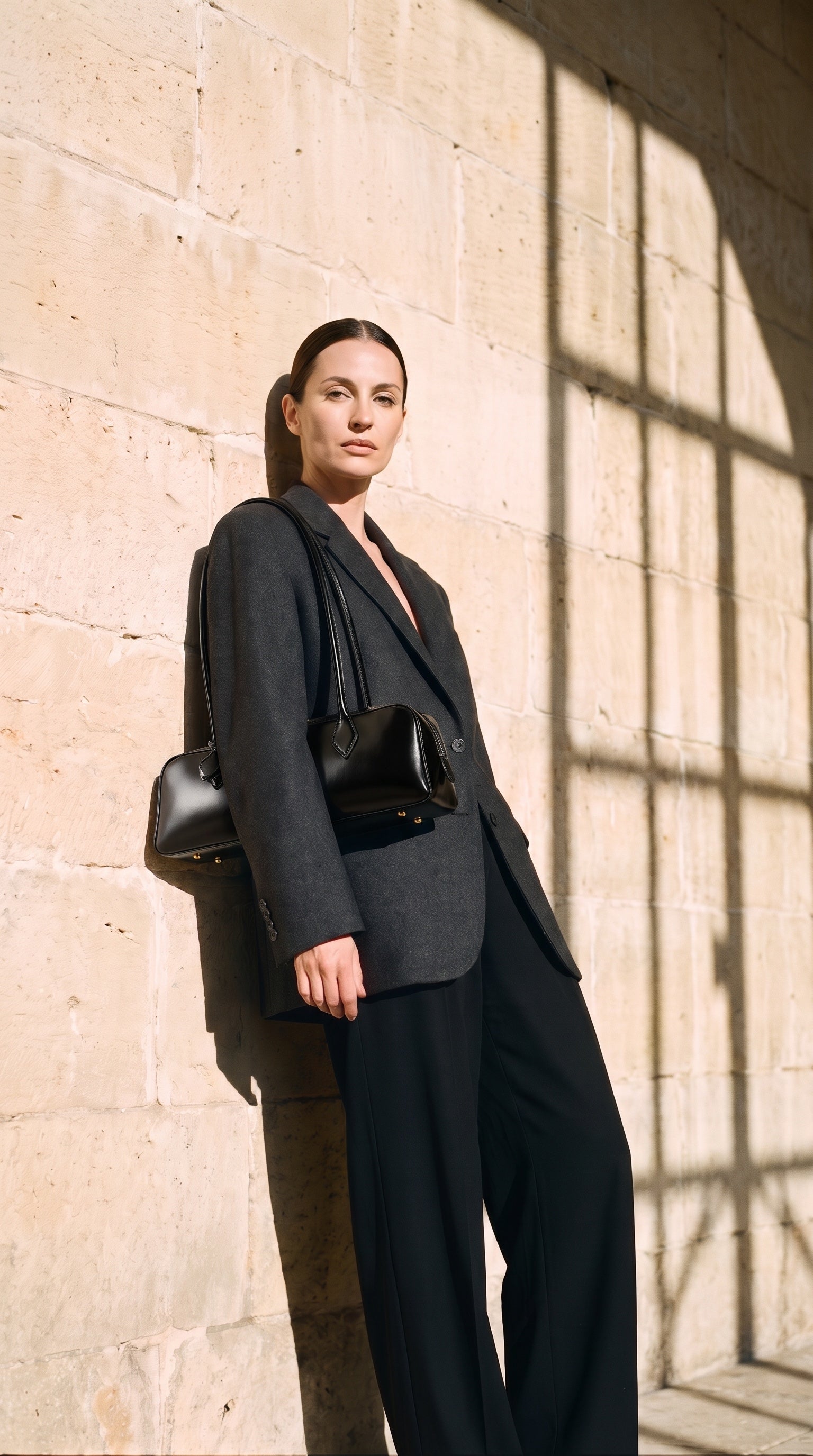 Sac ZOE porté par le mannequin devant un mur de pierre