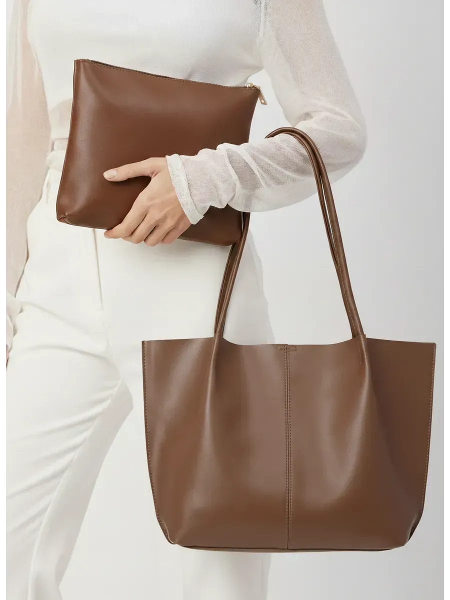 ARIA large soft faux leather handbag in brown – YUMIKA, view 11