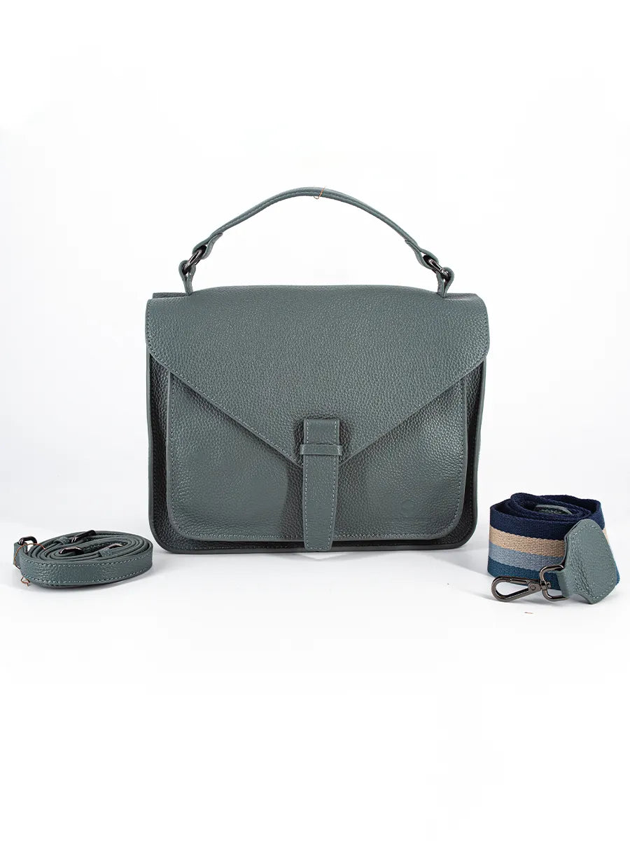 BEYA – Sac cartable en cuir de vachette, coloris bleu gris, vue de face – YUMIKA