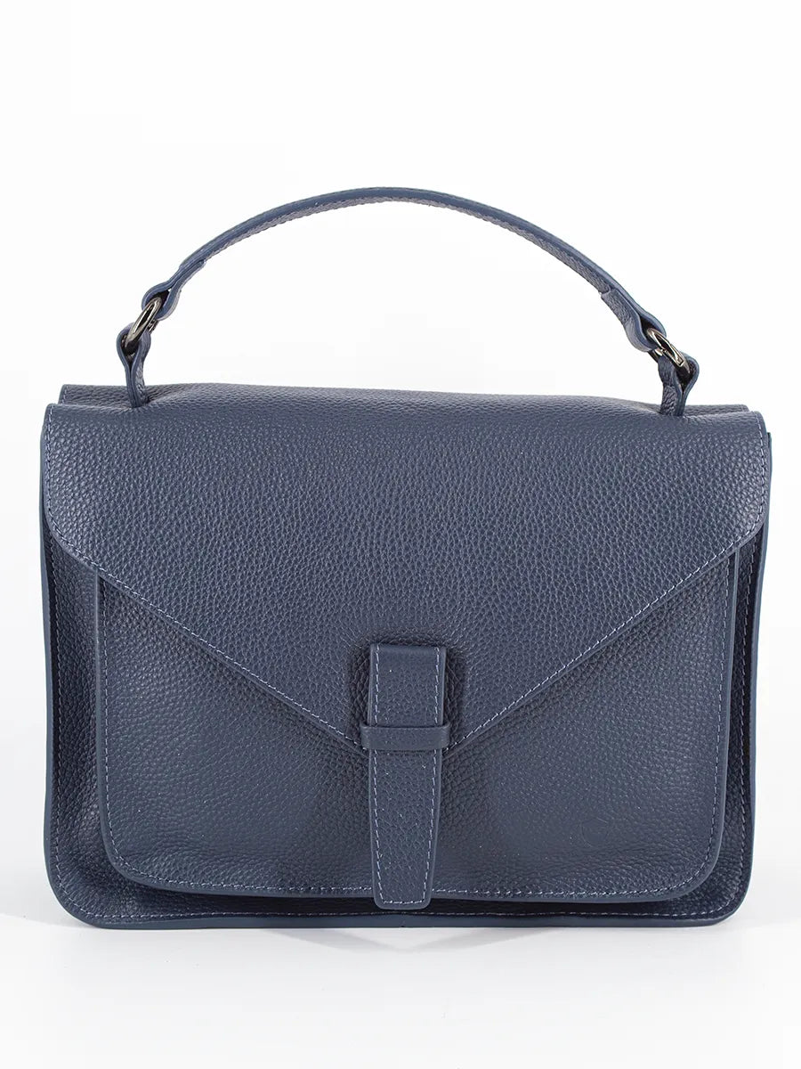 BEYA – Sac cartable en cuir de vachette, coloris bleu jean, vue de face – YUMIKA
