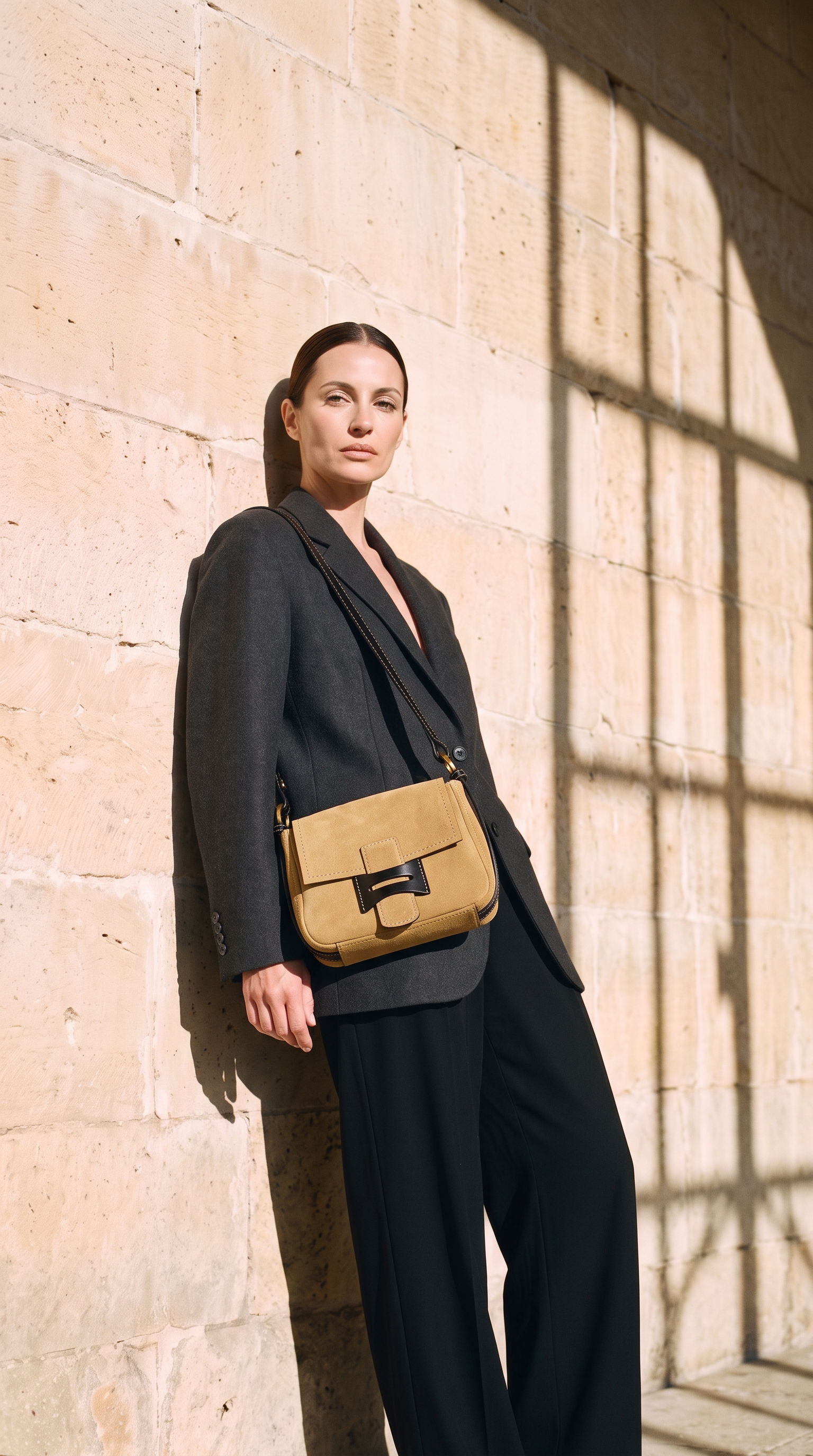 Sac SIENNA camel, porté devant un mur de pierre