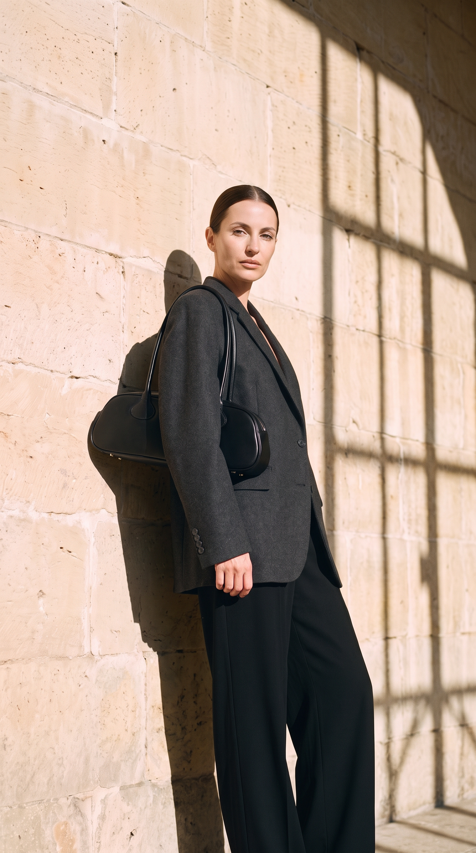 Sac GRETA noir, porté devant un mur de pierre