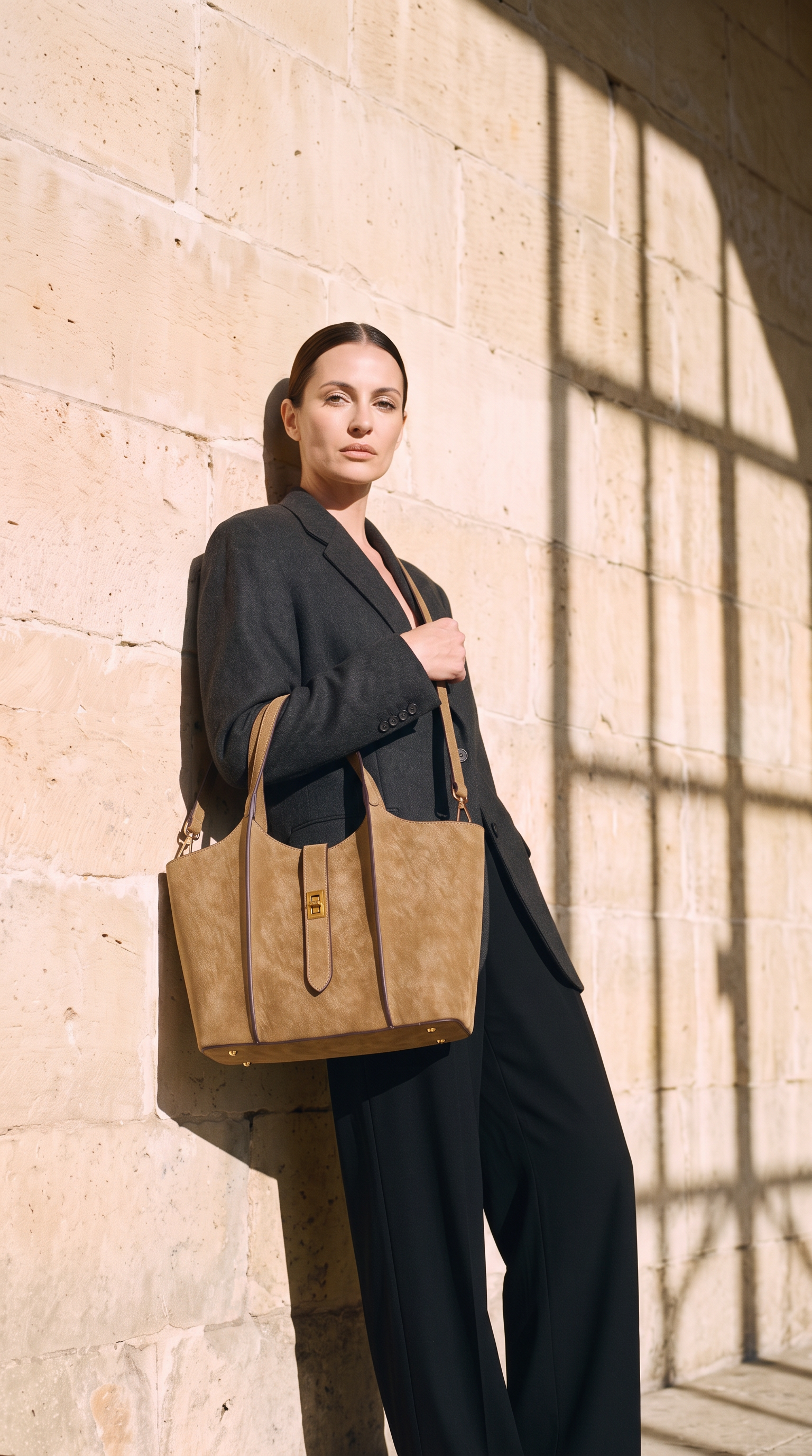 Sac GRACE camel, porté devant un mur de pierre