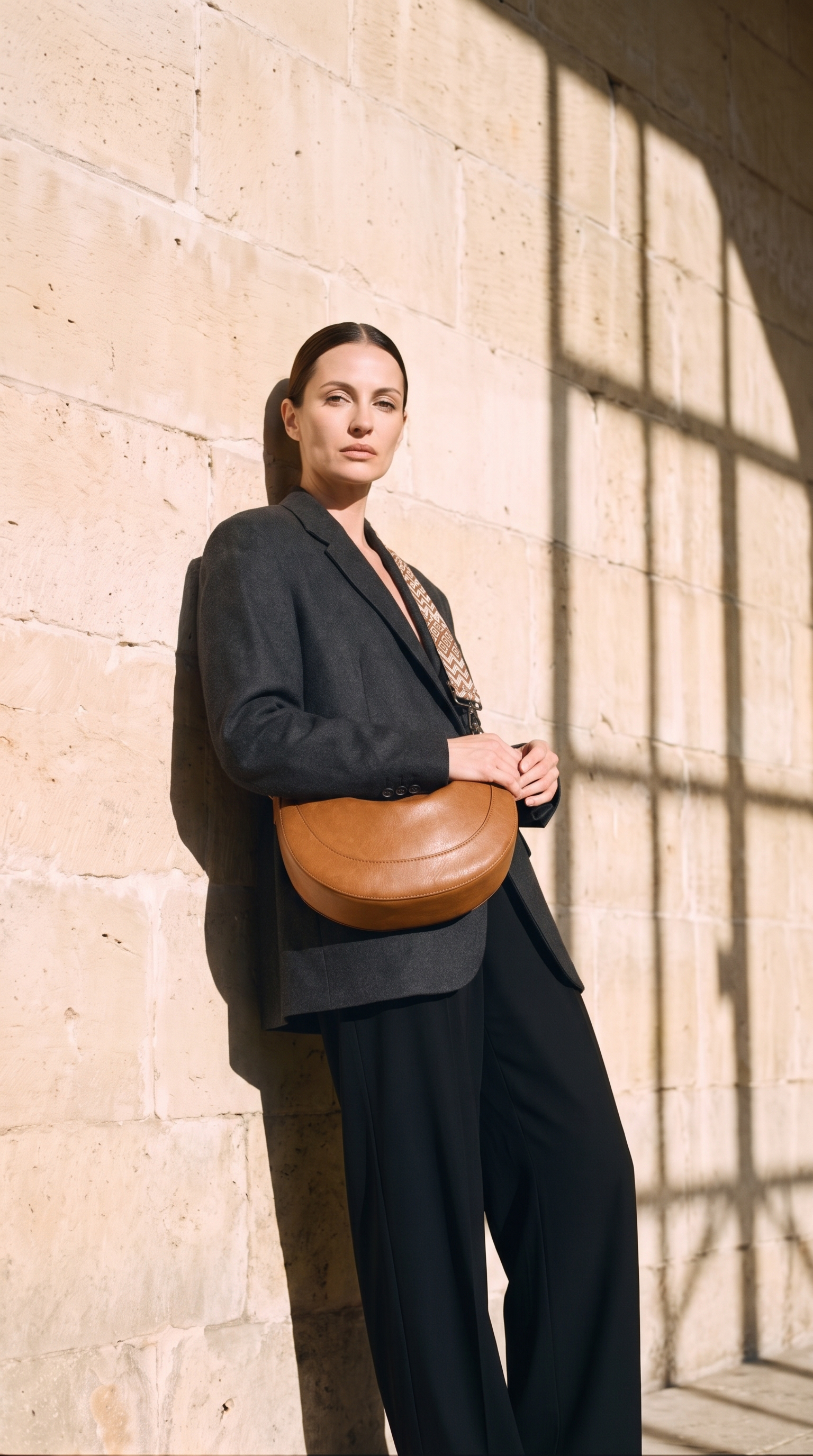 Sac LUNA camel, porté devant un mur de pierre