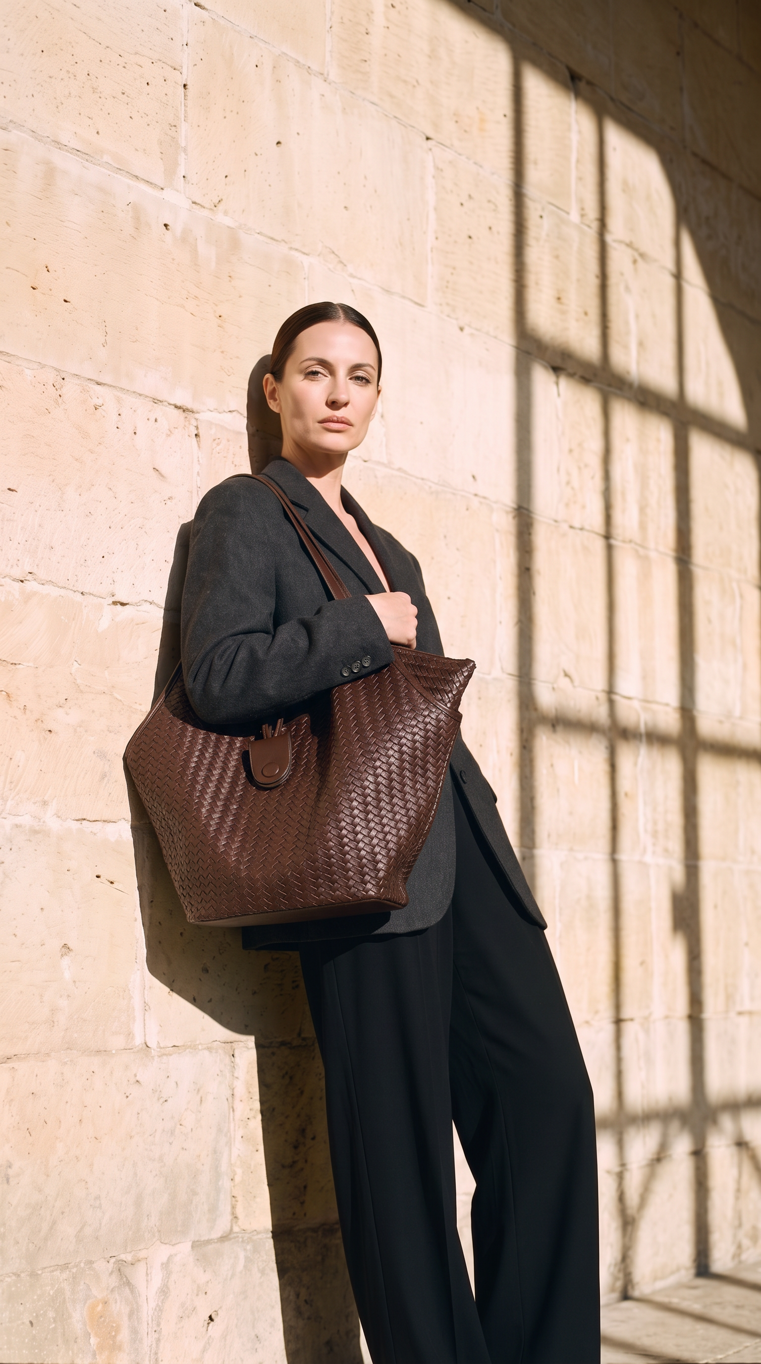 Sac SAVANNAH marron, porté devant un mur de pierre