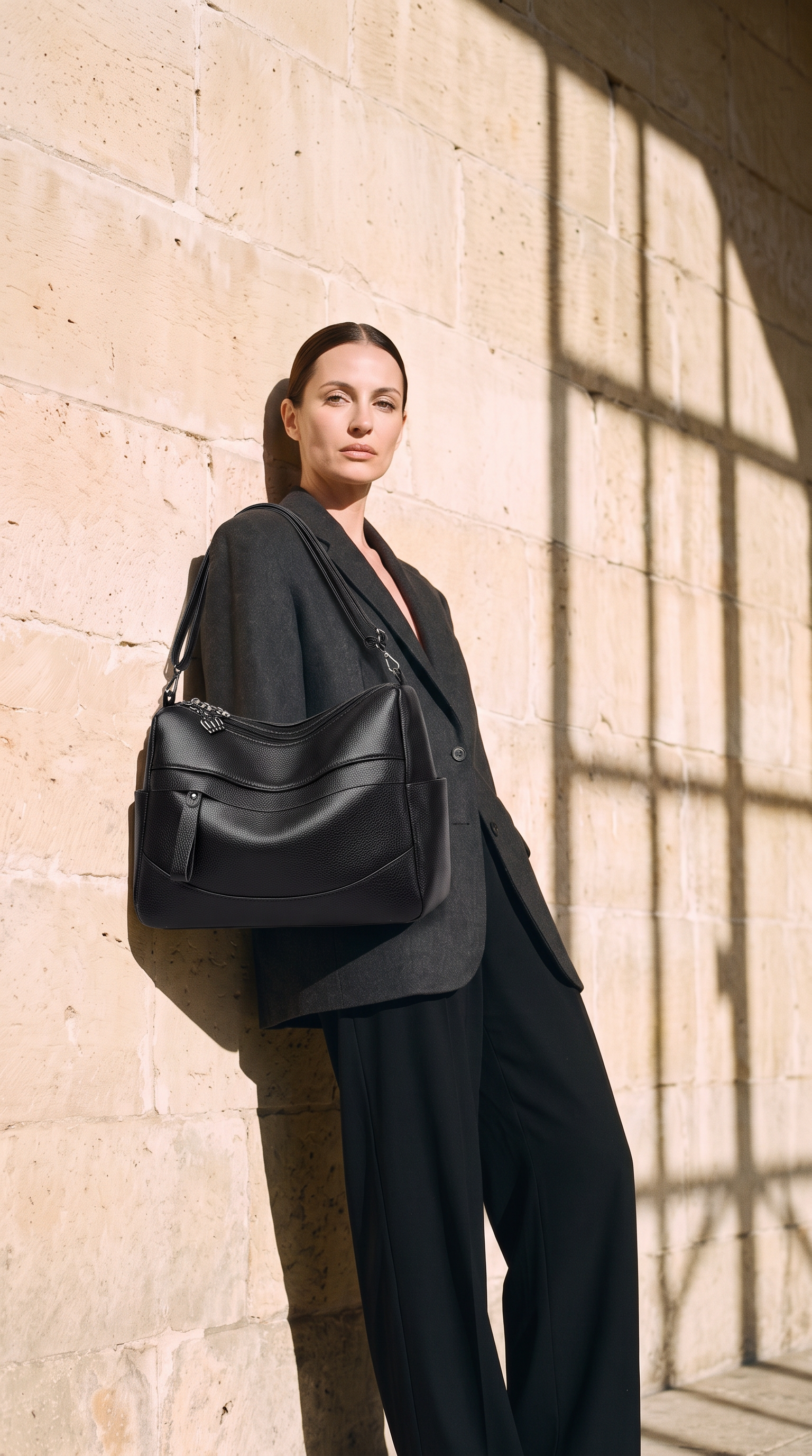 Sac EMMA noir, porté devant un mur de pierre