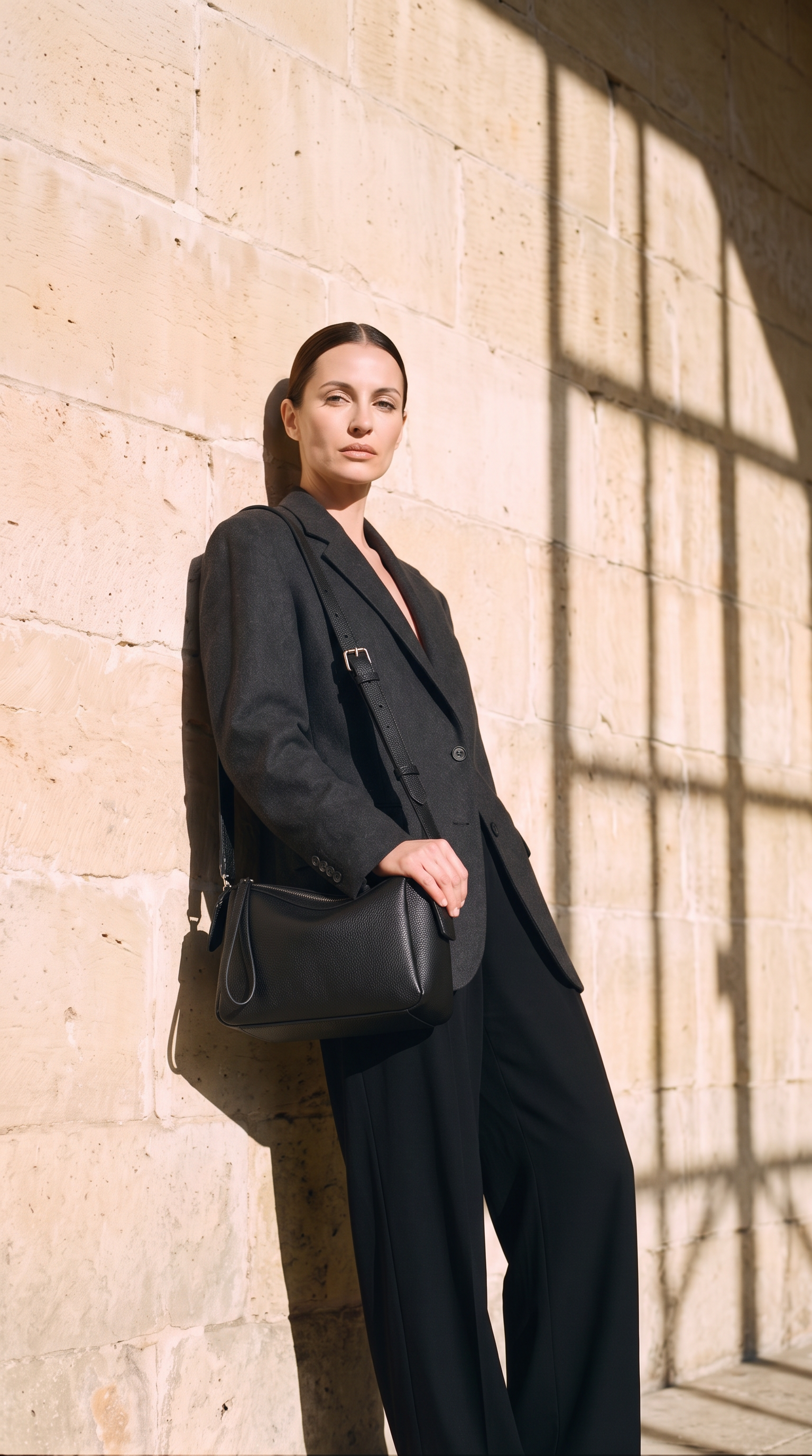 Sac NAOMI noir, porté devant un mur de pierre