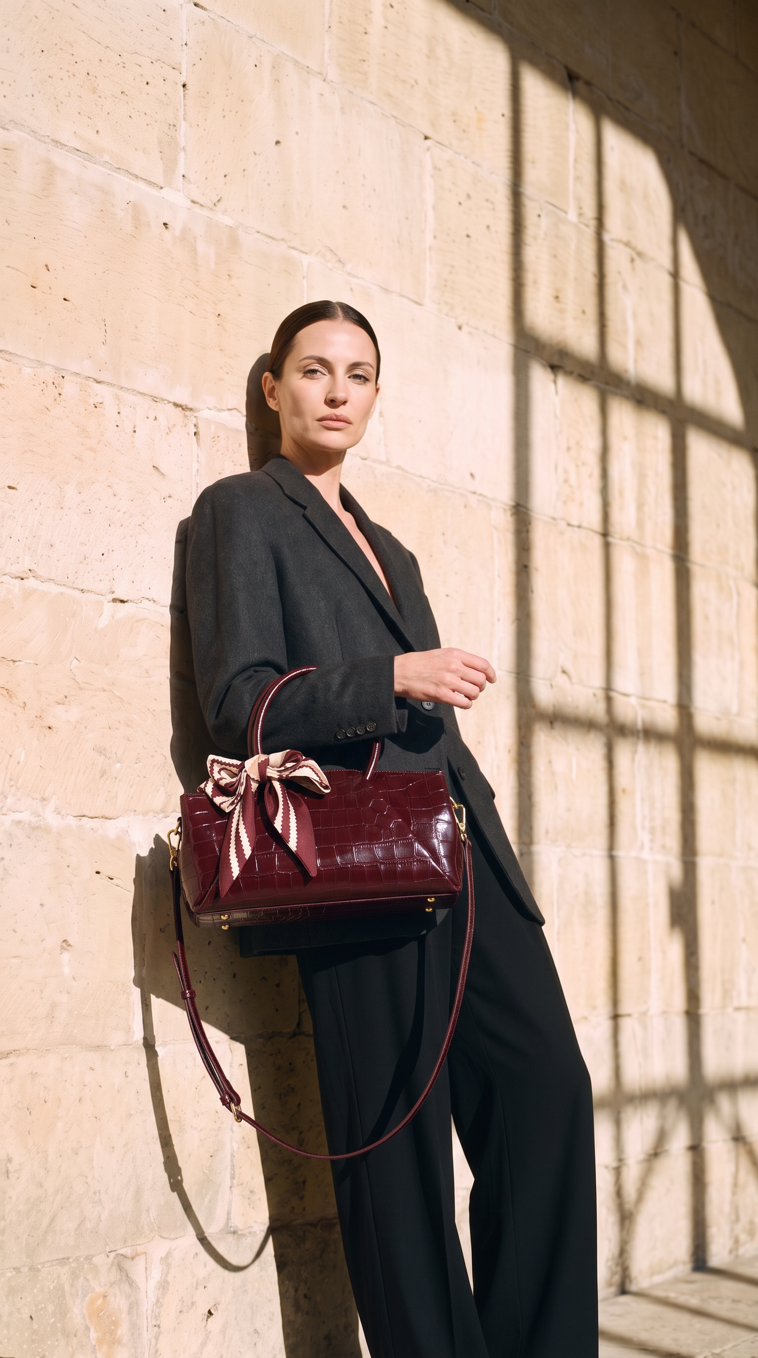 Sac SCARLETT rouge bordeaux, porté devant un mur de pierre