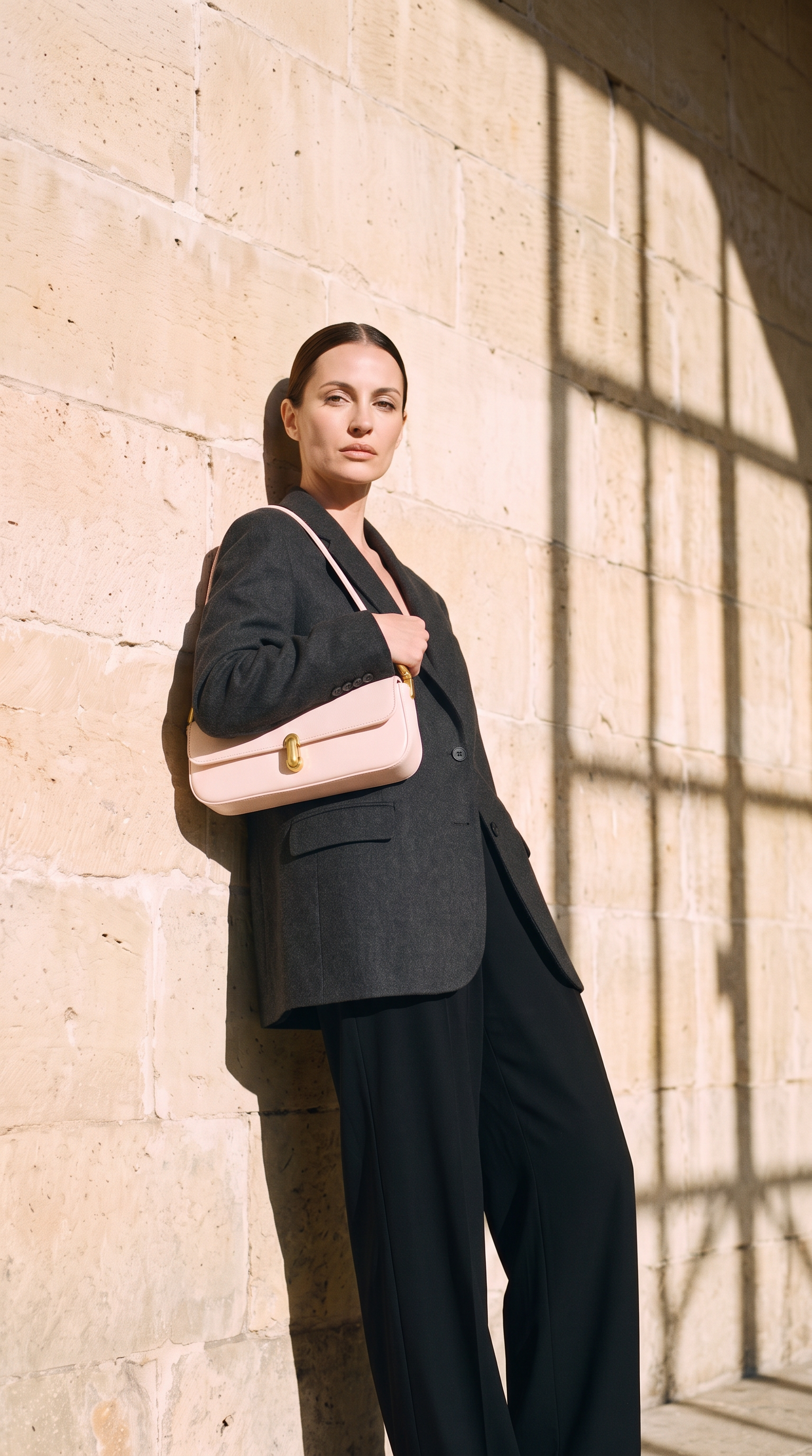 Sac ROMY rose, porté devant un mur de pierre