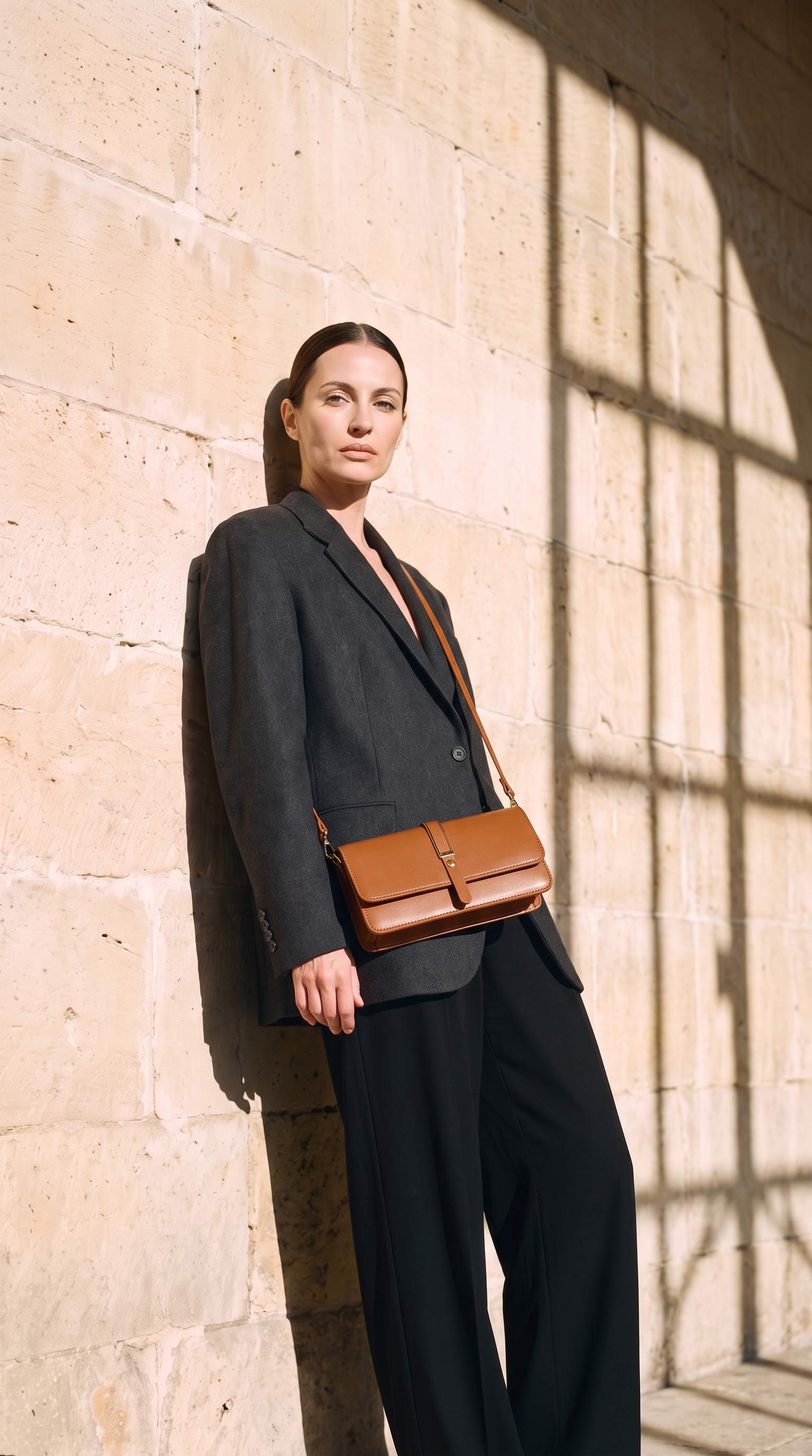 Sac ELLA marron clair, porté devant un mur de pierre