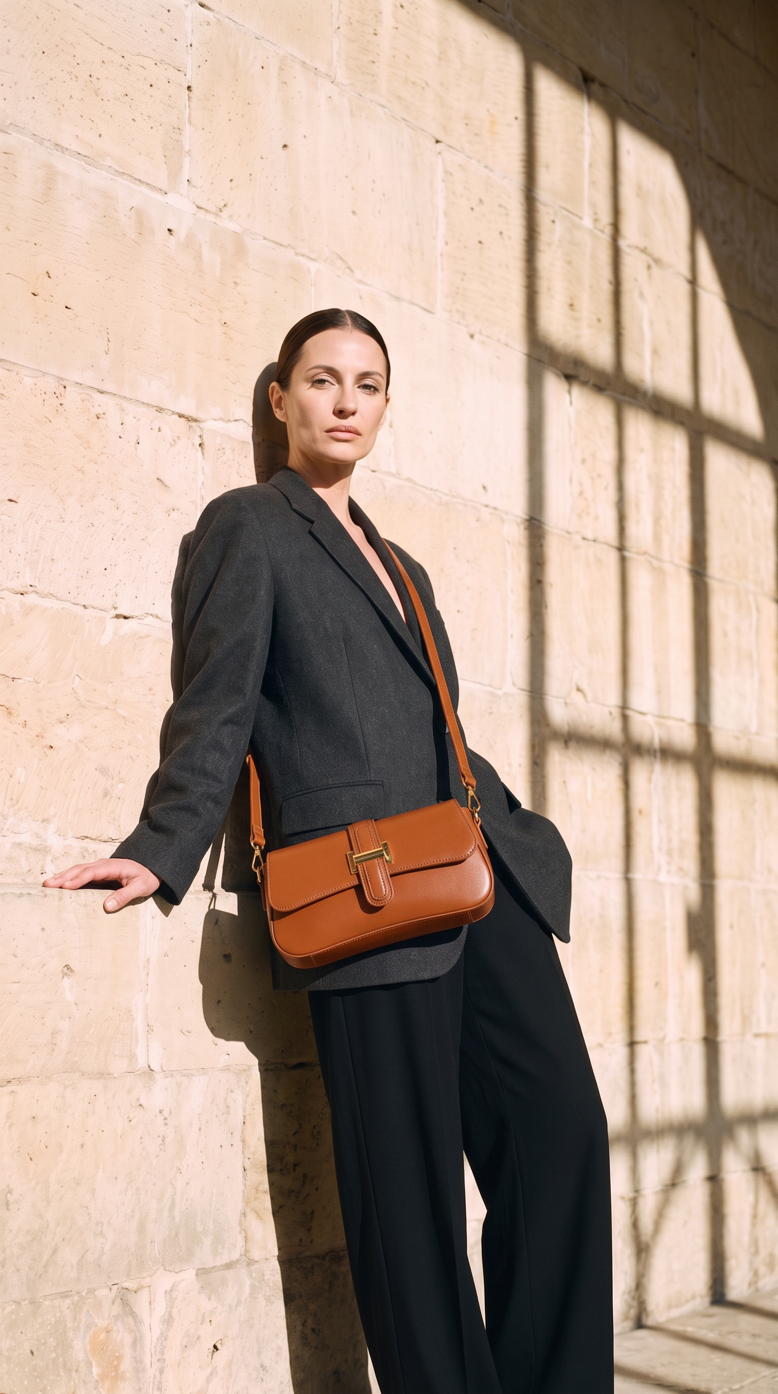 Sac HARLOW marron, porté devant un mur de pierre