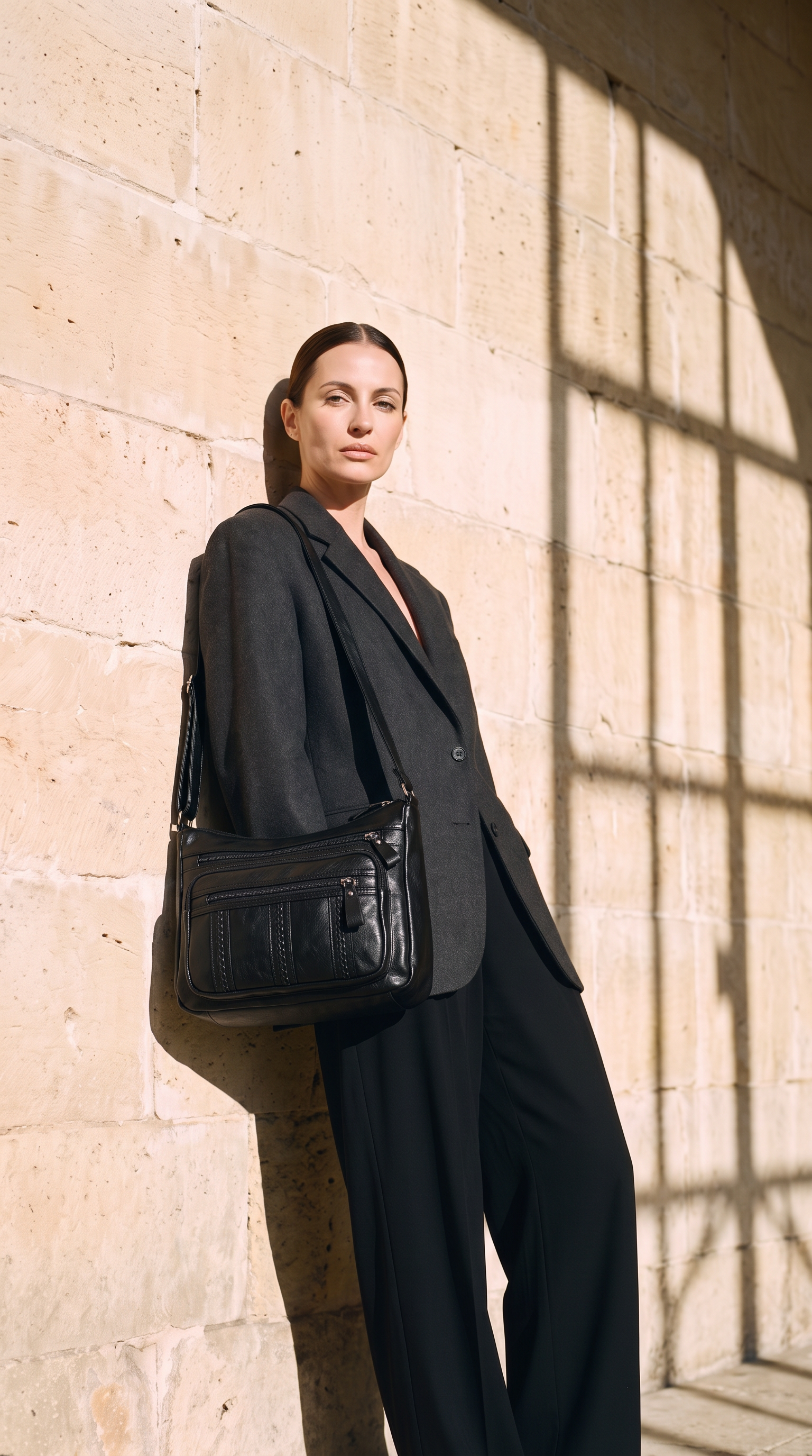 Sac NOVA noir, porté devant un mur de pierre