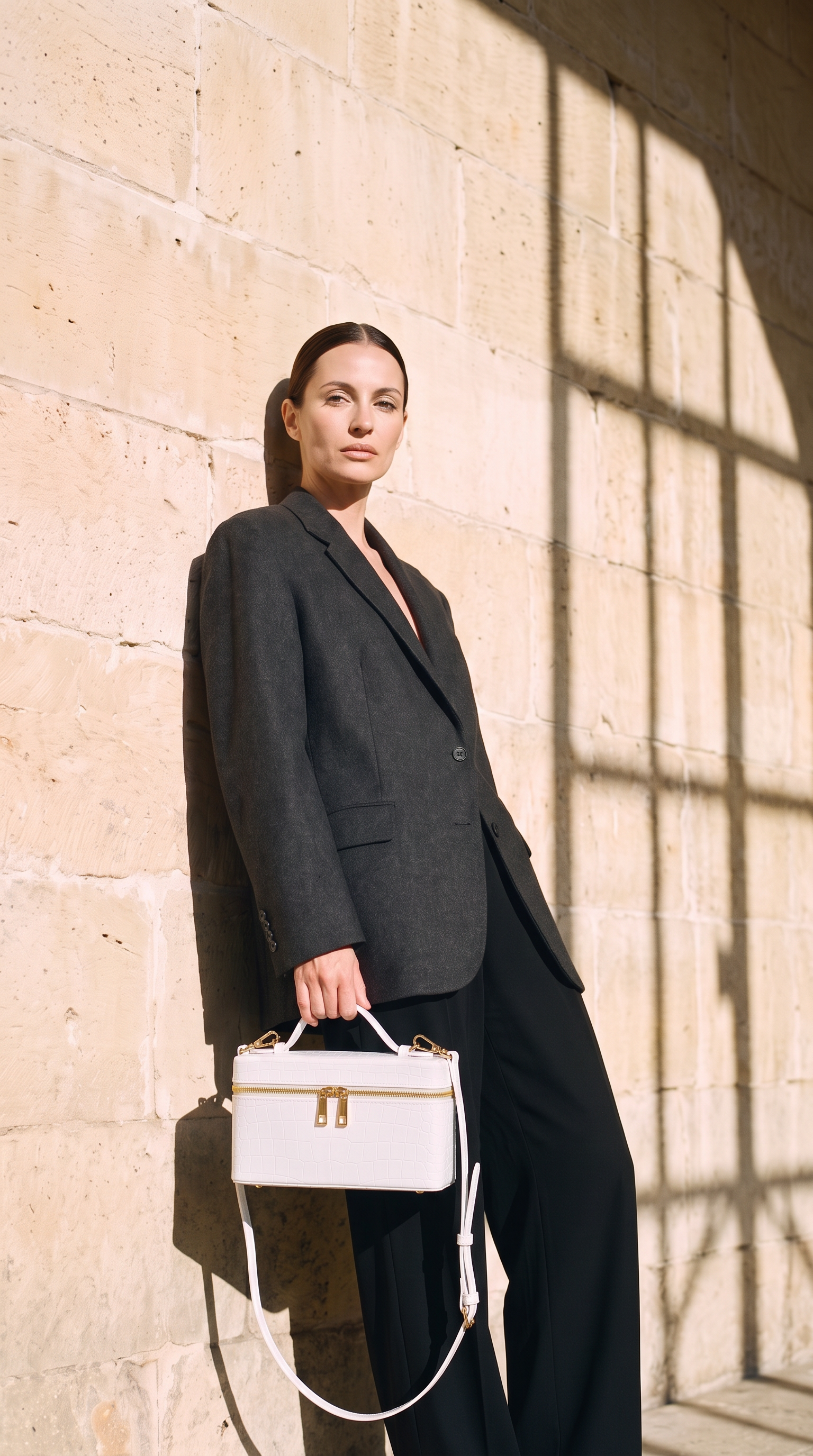 Sac IRIS blanc, porté devant un mur de pierre