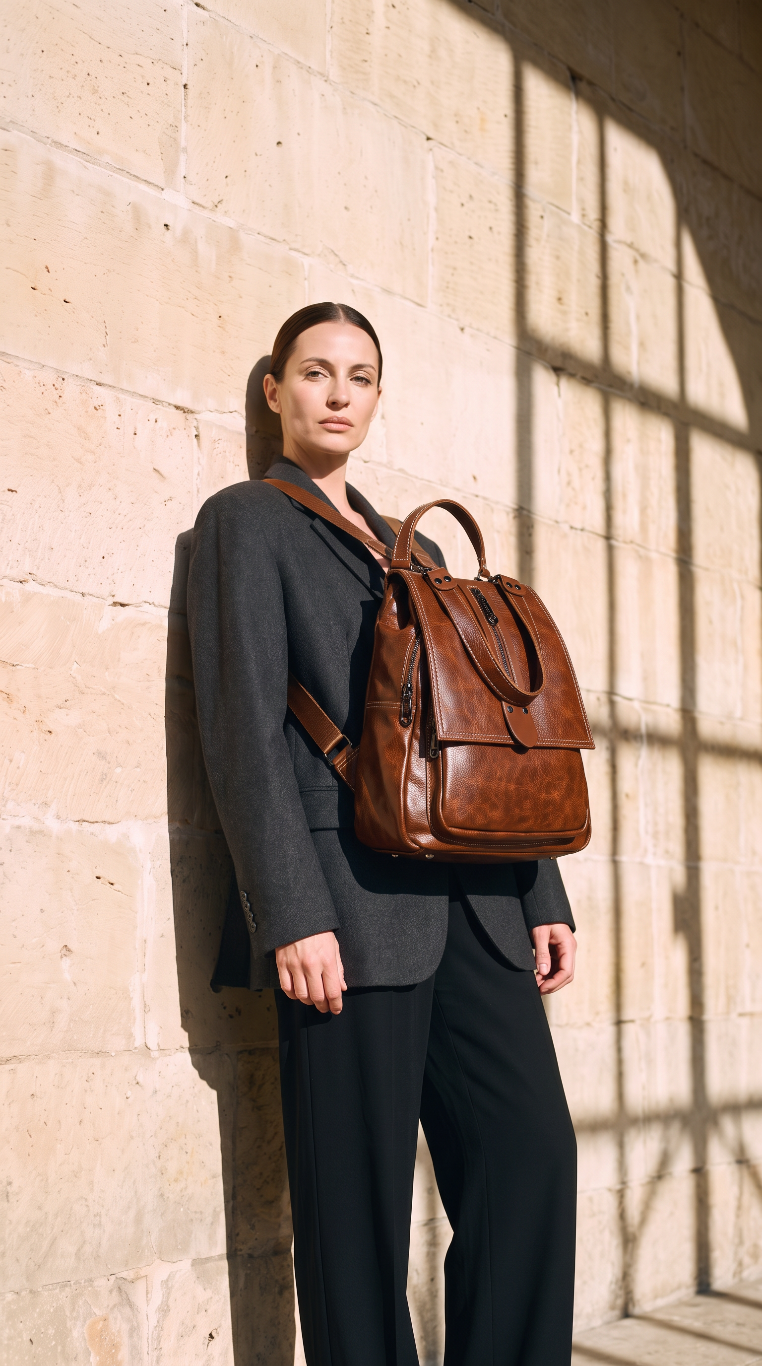 Sac à dos INGRID marron, porté devant un mur de pierre