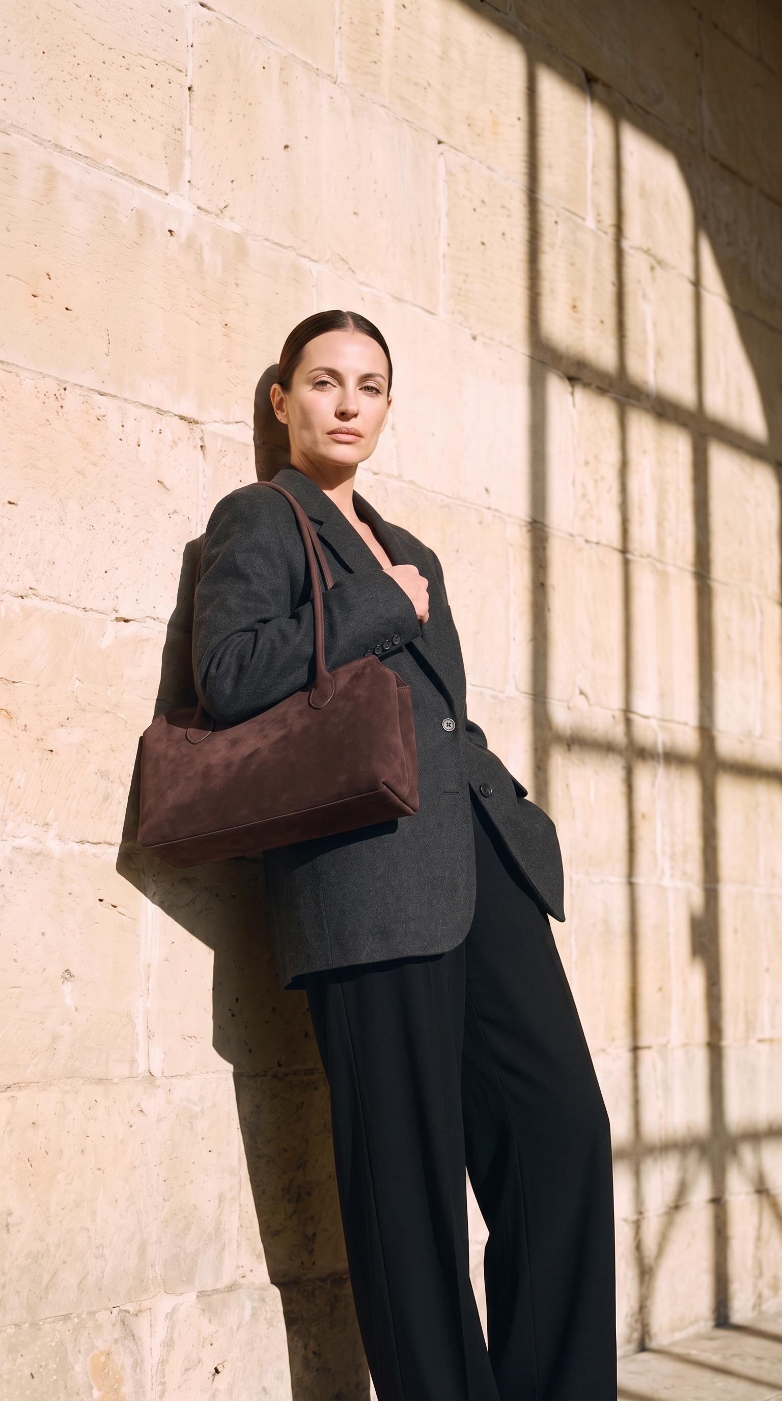 Sac AVA marron foncé, porté devant un mur de pierre