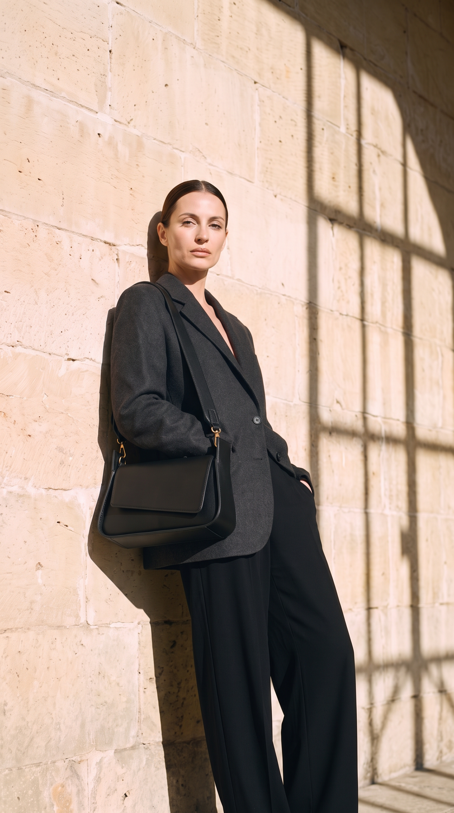 Sac JUNE noir, porté devant un mur de pierre