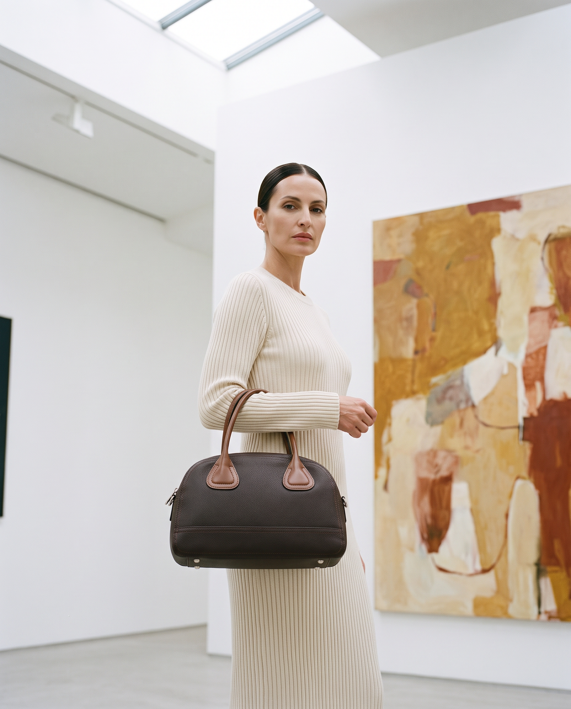 Sac YUKI marron foncé, porté dans une galerie d'art