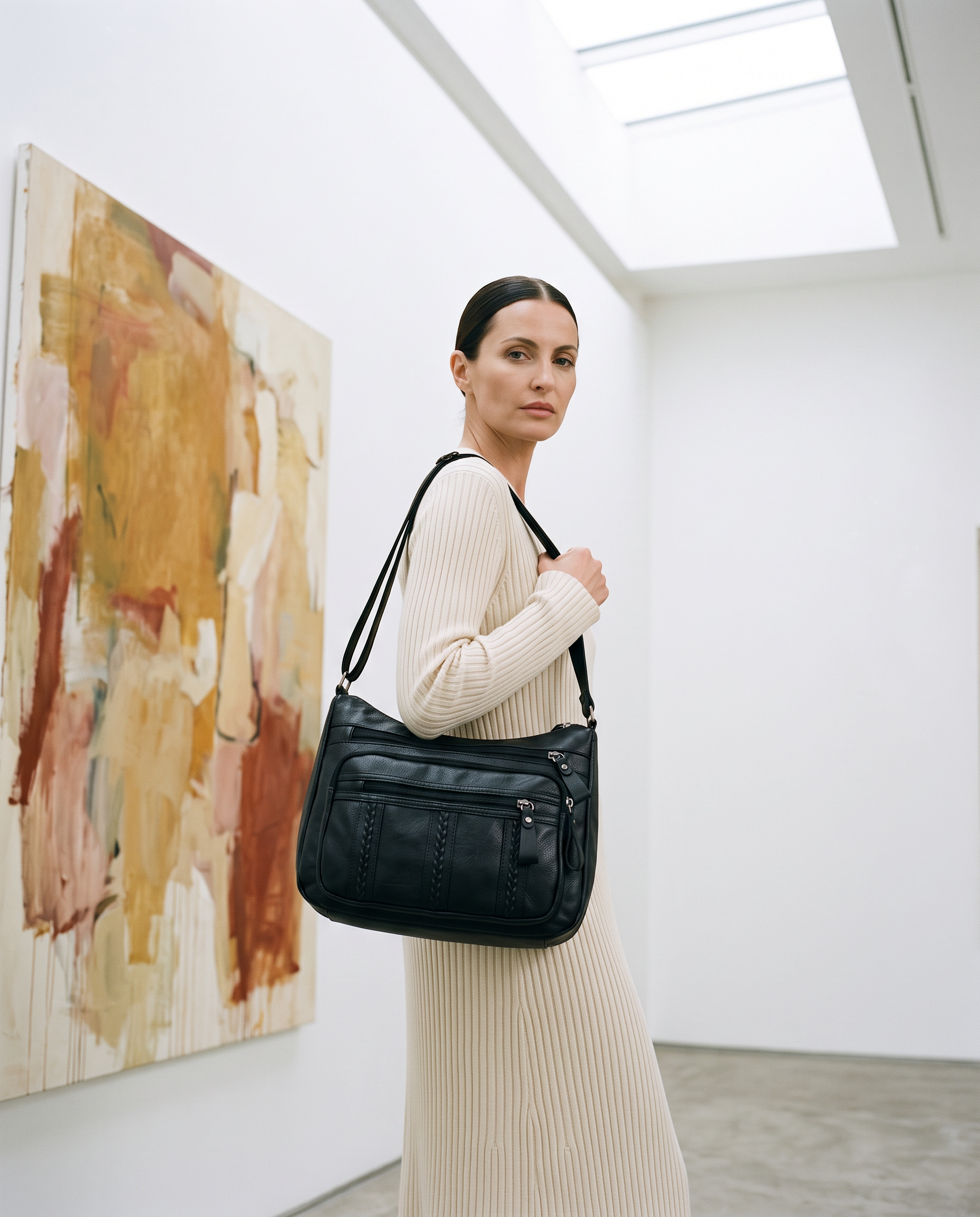 Sac NOVA noir, porté dans une galerie d'art