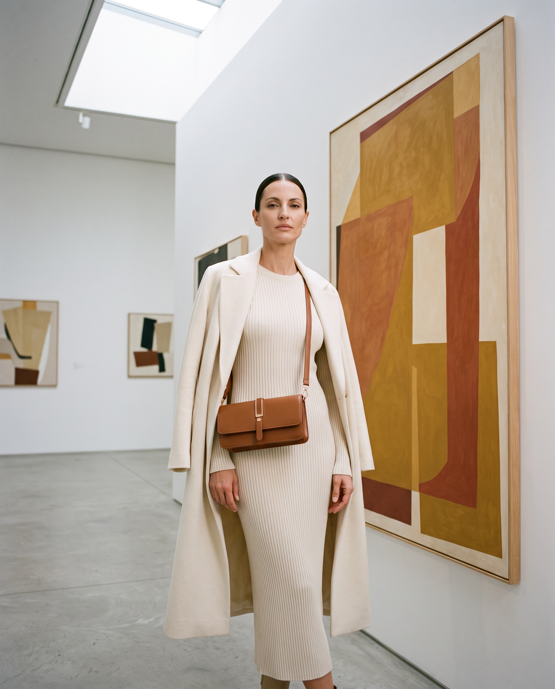 Sac ELLA marron clair, porté dans une galerie d'art