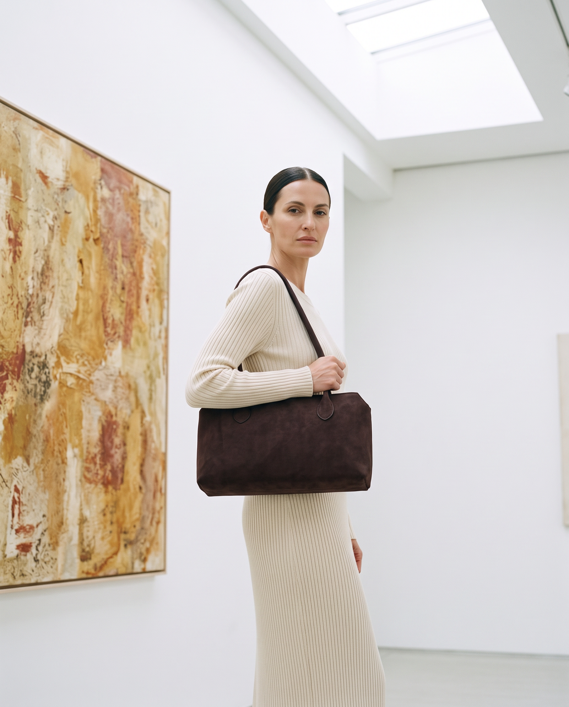 Sac AVA marron foncé, porté dans une galerie d'art