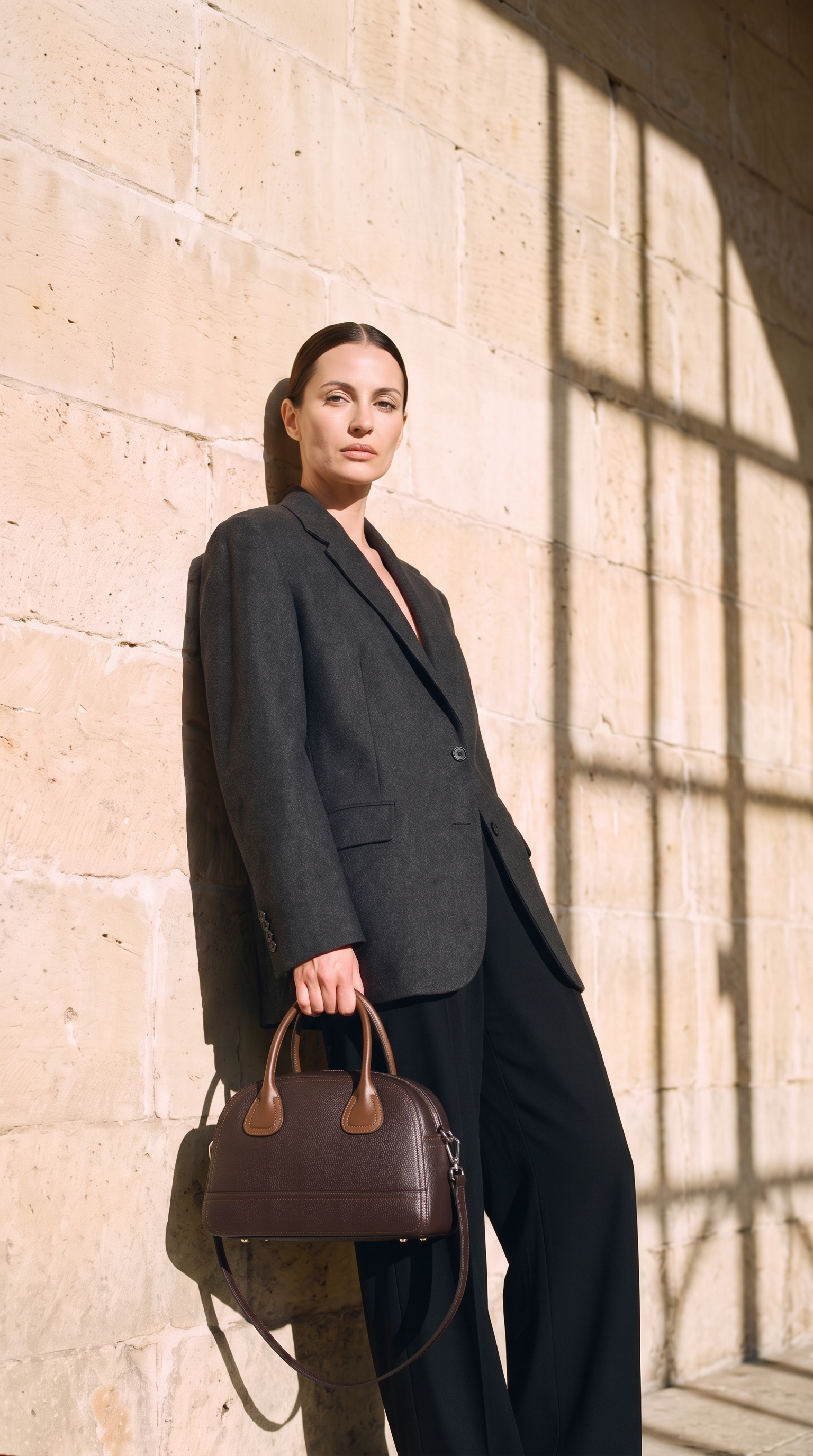 Sac YUKI marron foncé, porté devant un mur de pierre