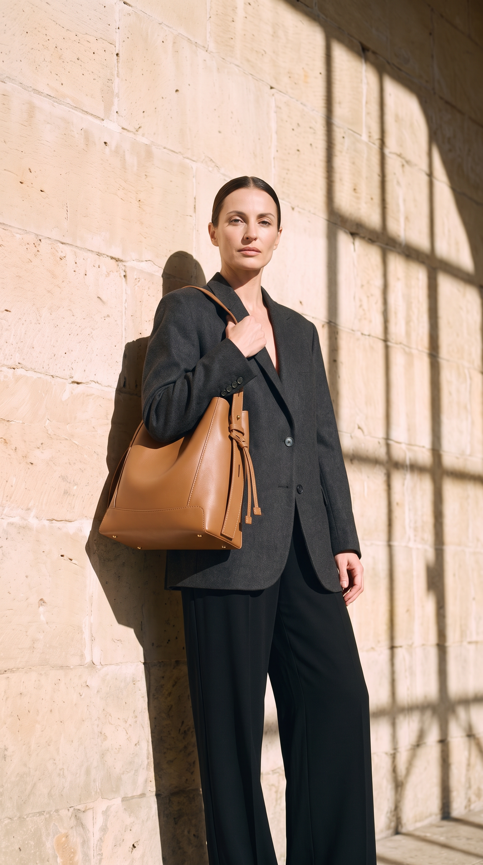 Sac LEILA camel, porté devant un mur de pierre
