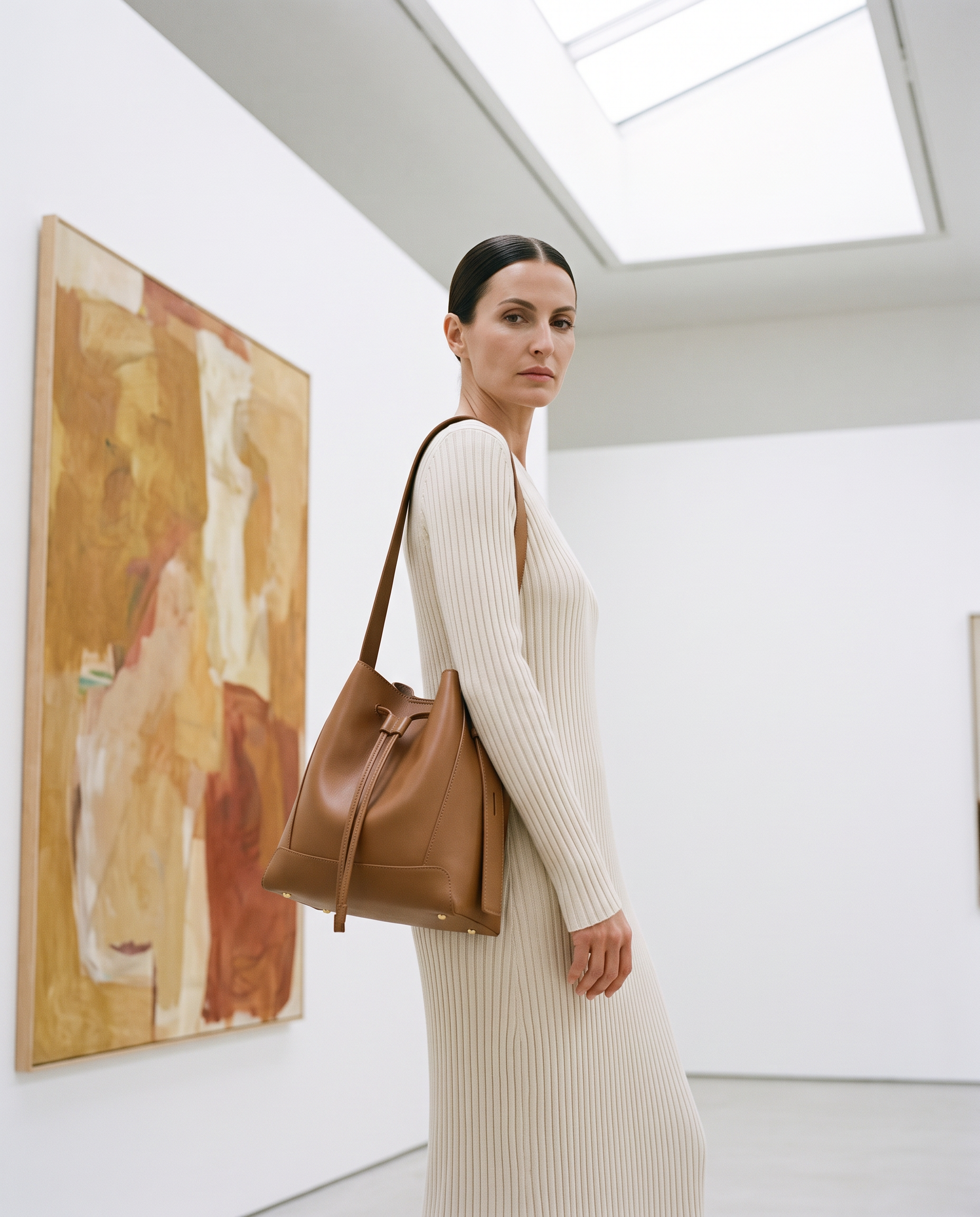 Sac LEILA camel, porté dans une galerie d'art