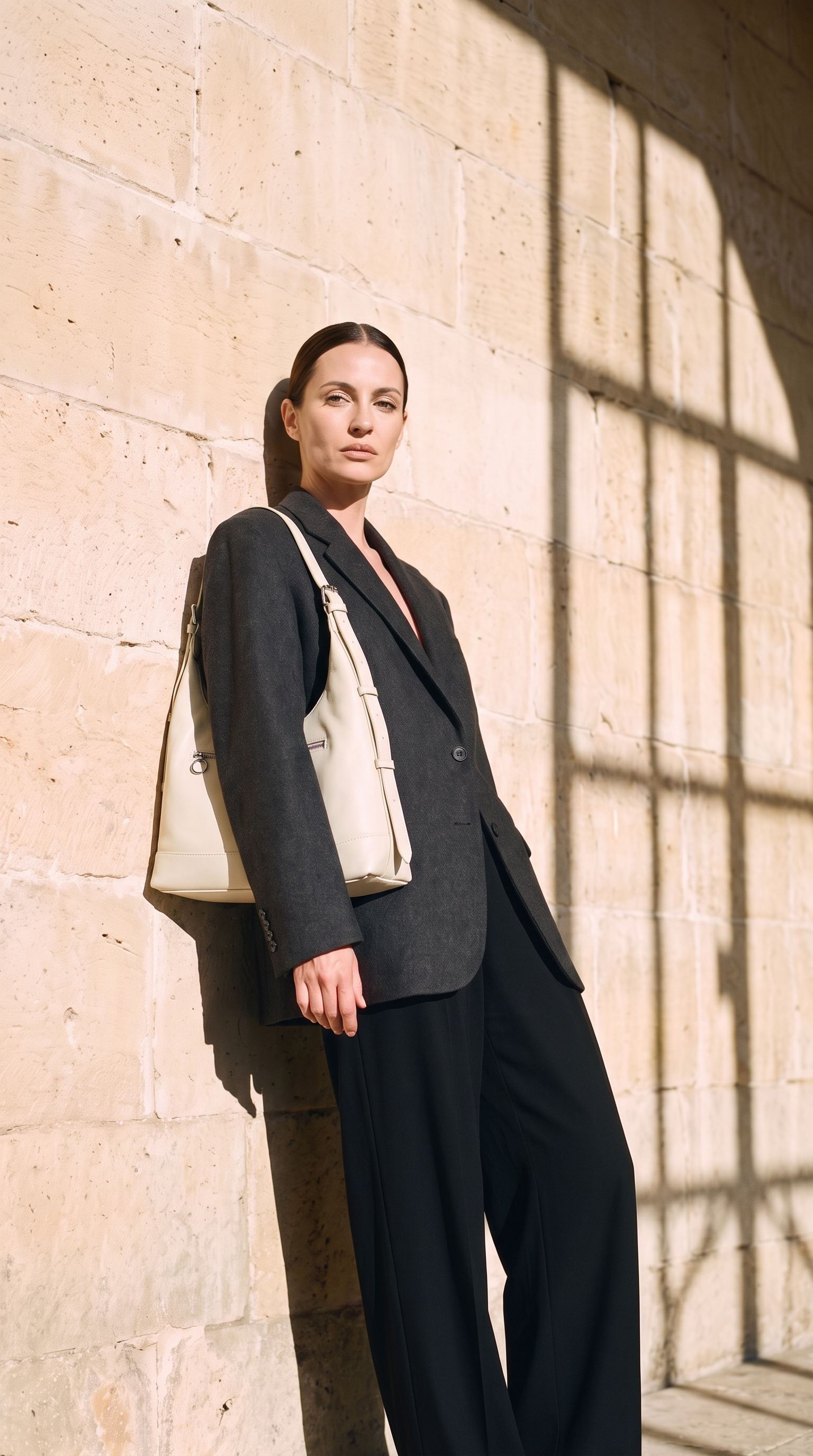 Sac AMELIA blanc, porté devant un mur de pierre