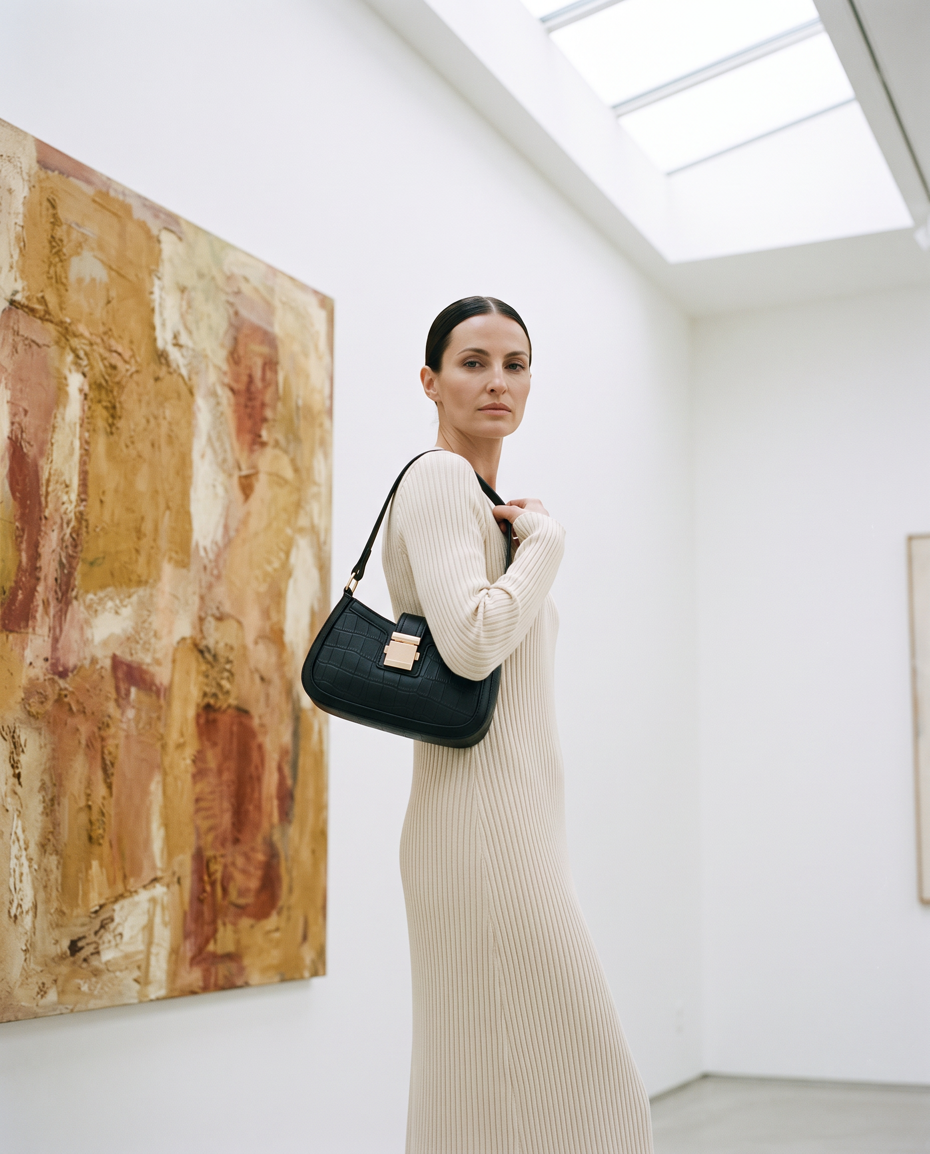 Sac NOA noir, porté dans une galerie d'art