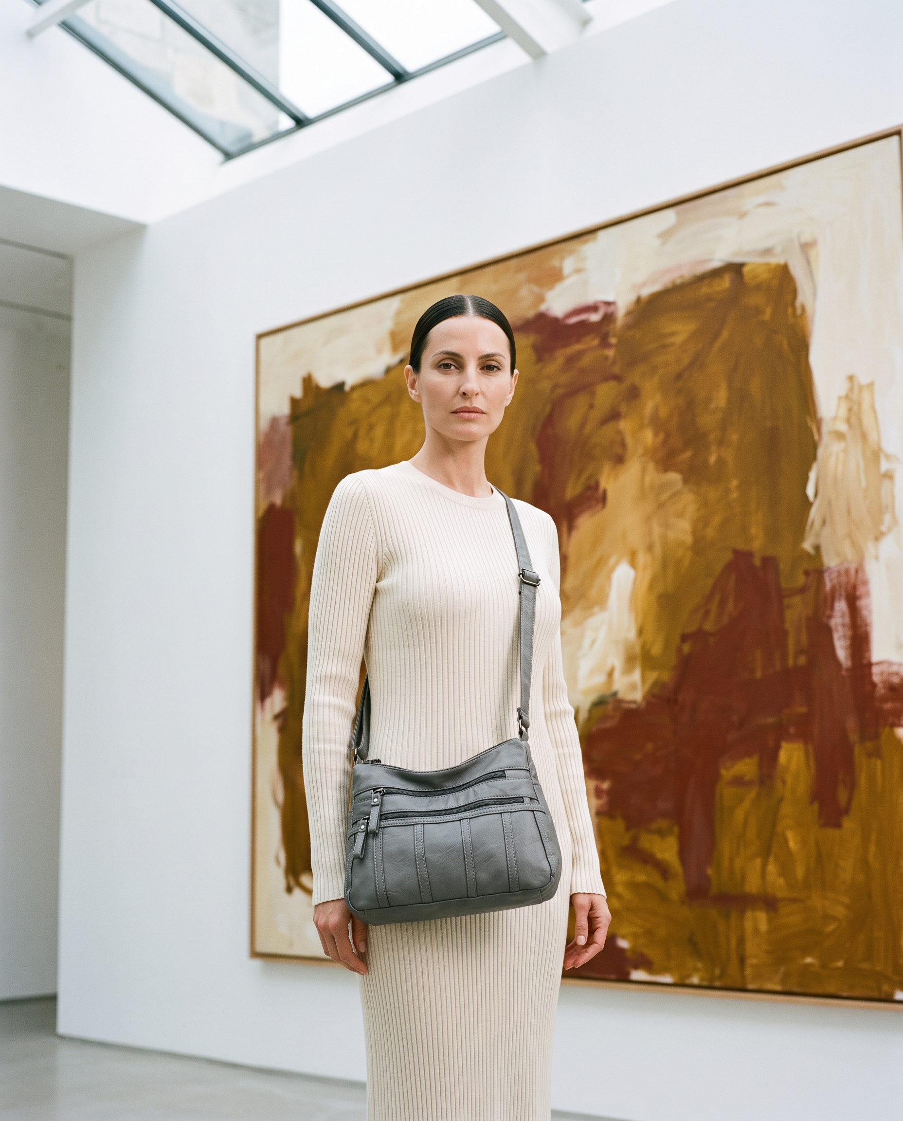 Sac TESSA gris, porté dans une galerie d'art