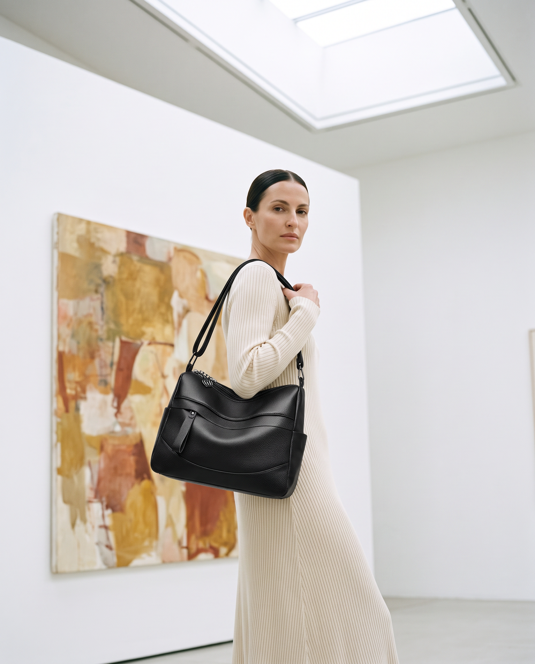Sac EMMA noir, porté dans une galerie d'art