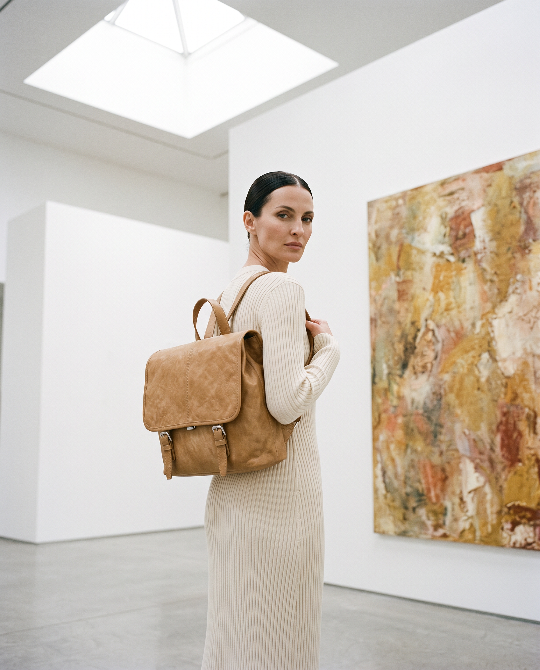 Sac à dos FREYA camel, porté dans une galerie d'art