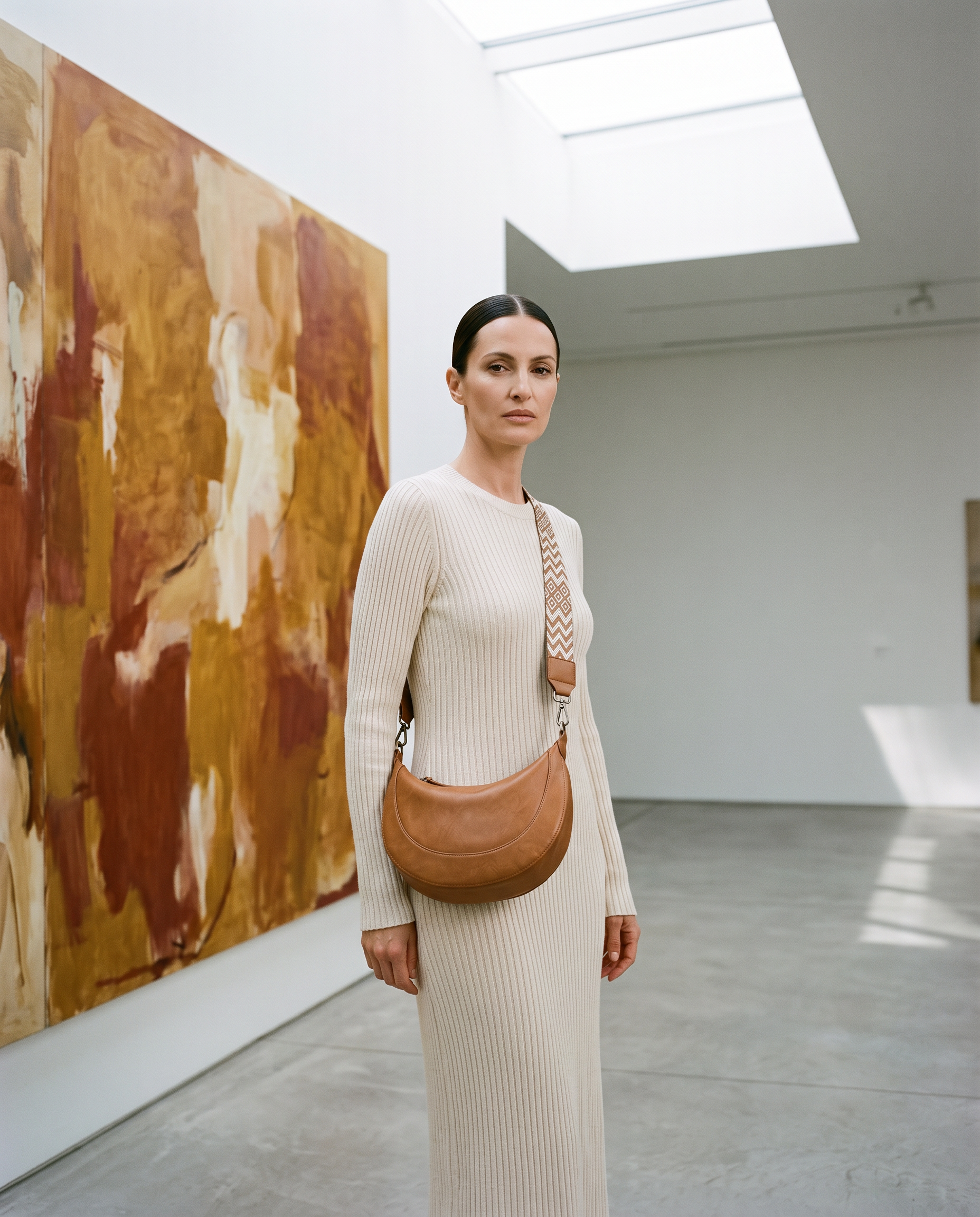 Sac LUNA camel, porté dans une galerie d'art