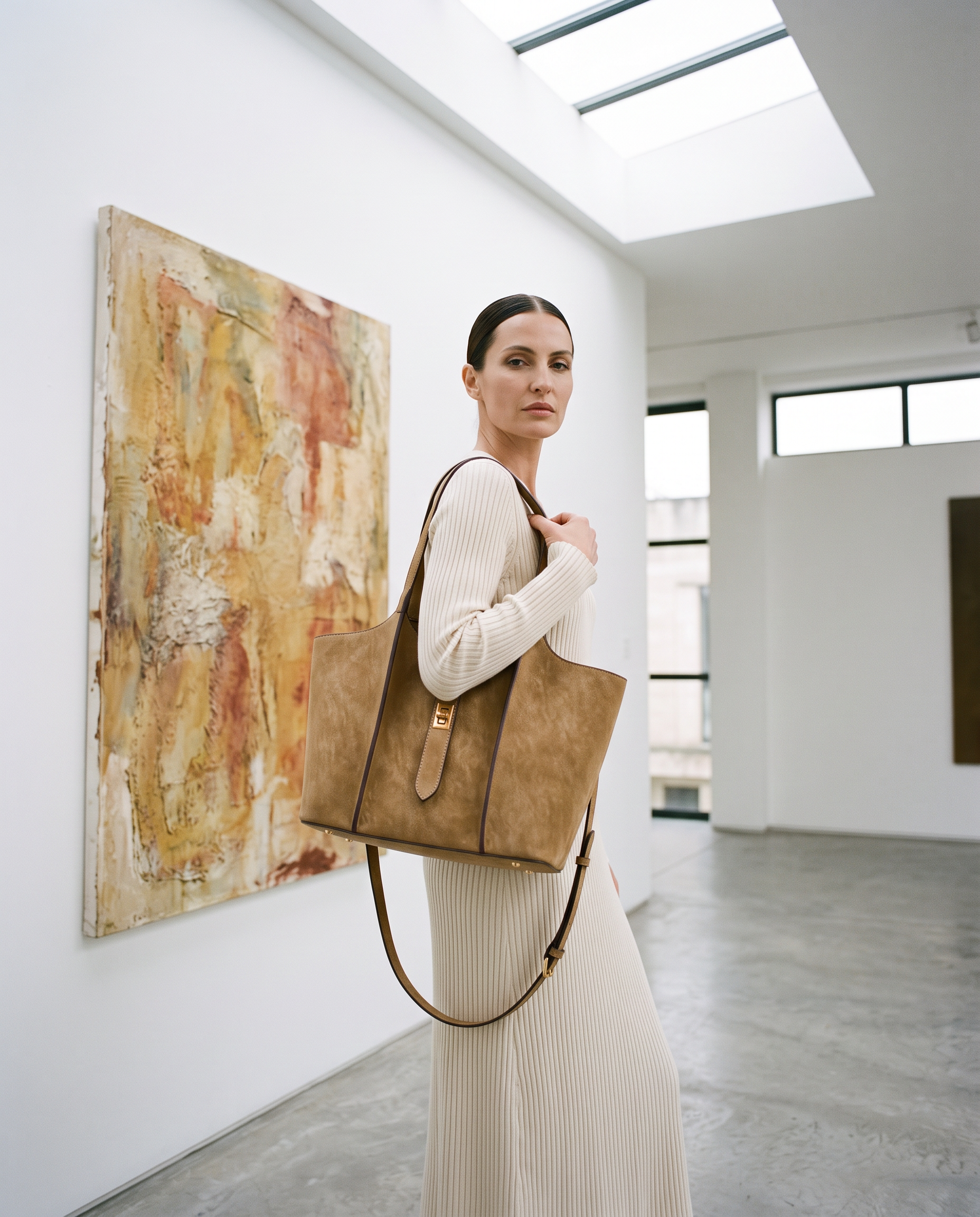 Sac GRACE camel, porté dans une galerie d'art