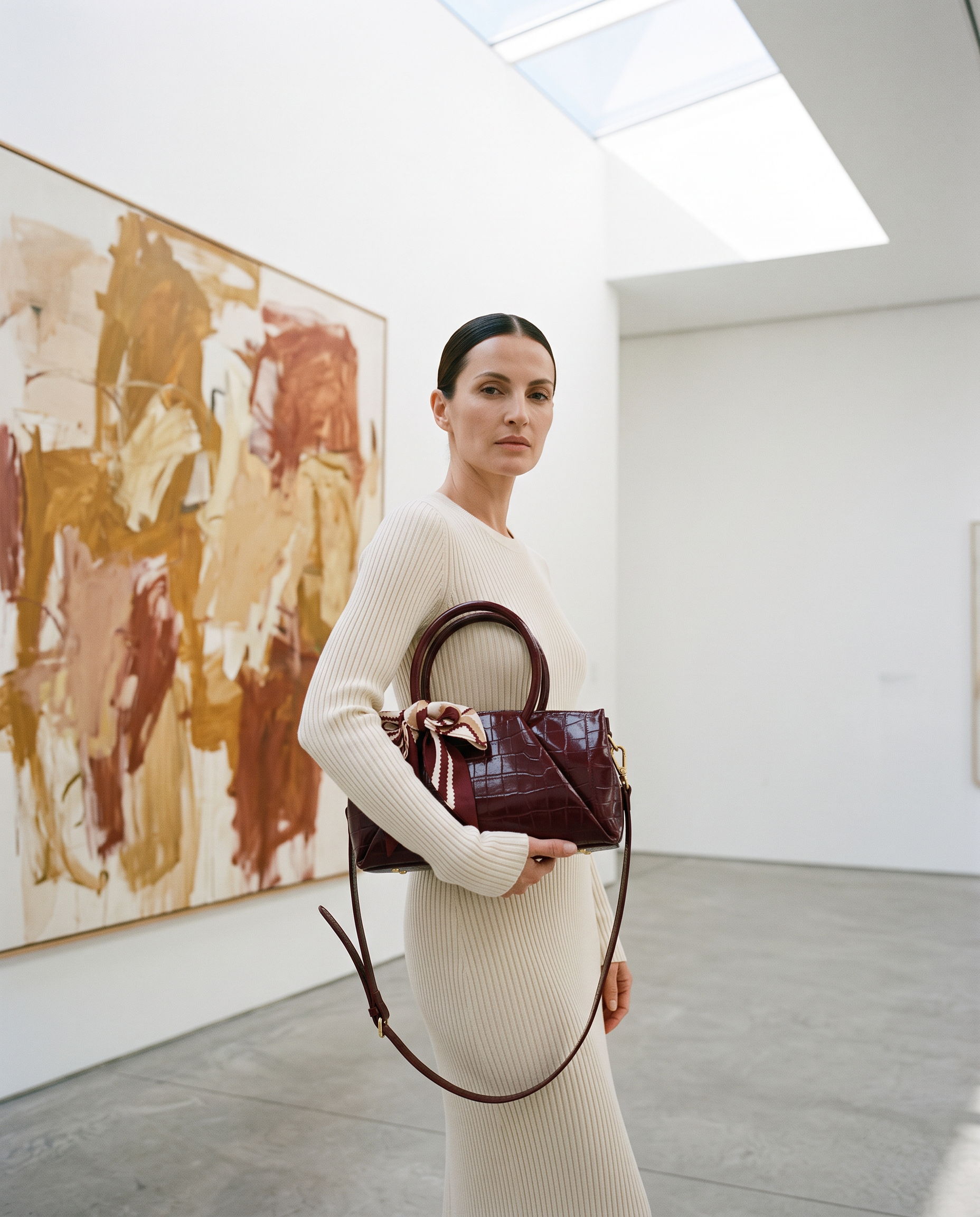 Sac SCARLETT rouge bordeaux, porté dans une galerie d'art