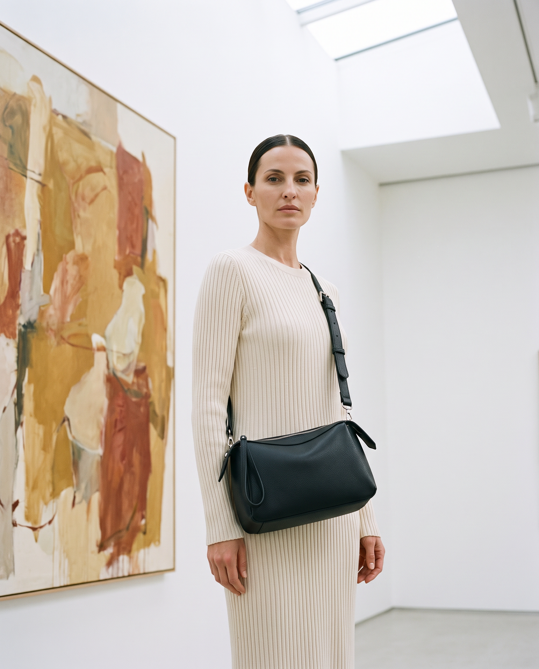 Sac NAOMI noir, porté dans une galerie d'art